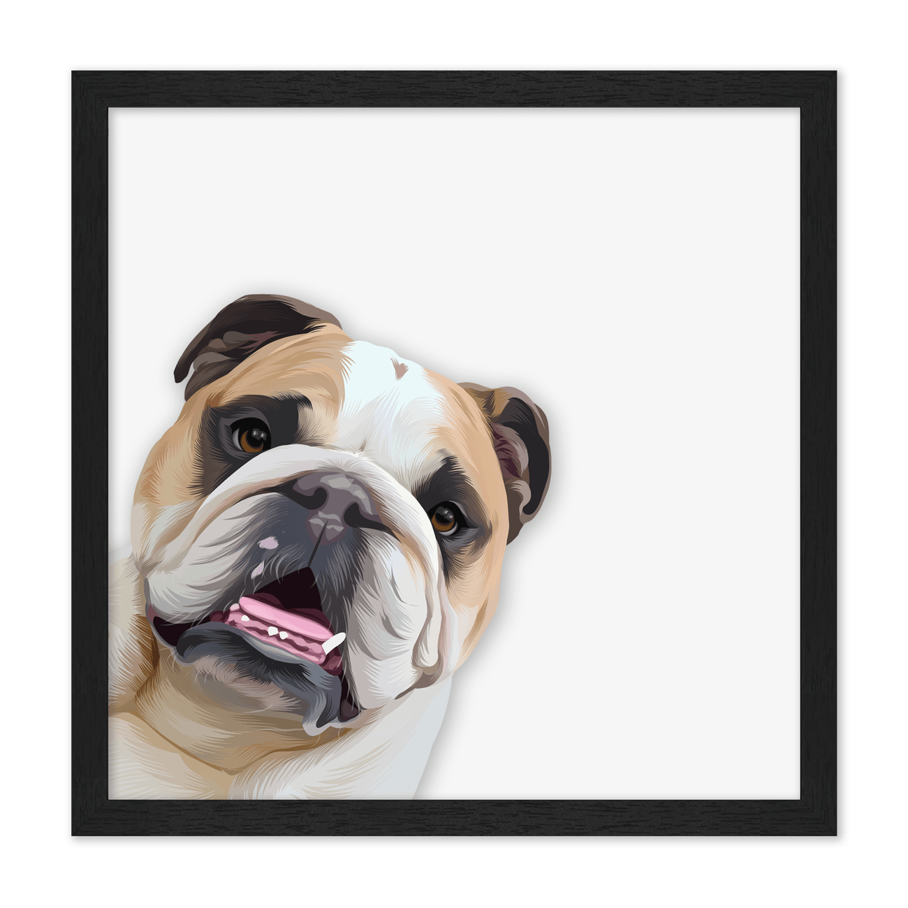 Designed in a square layout, this playful peekaboo Bulldog dog portrait pairs a tilted head pose with a clean gallery inspired look in a black frame.