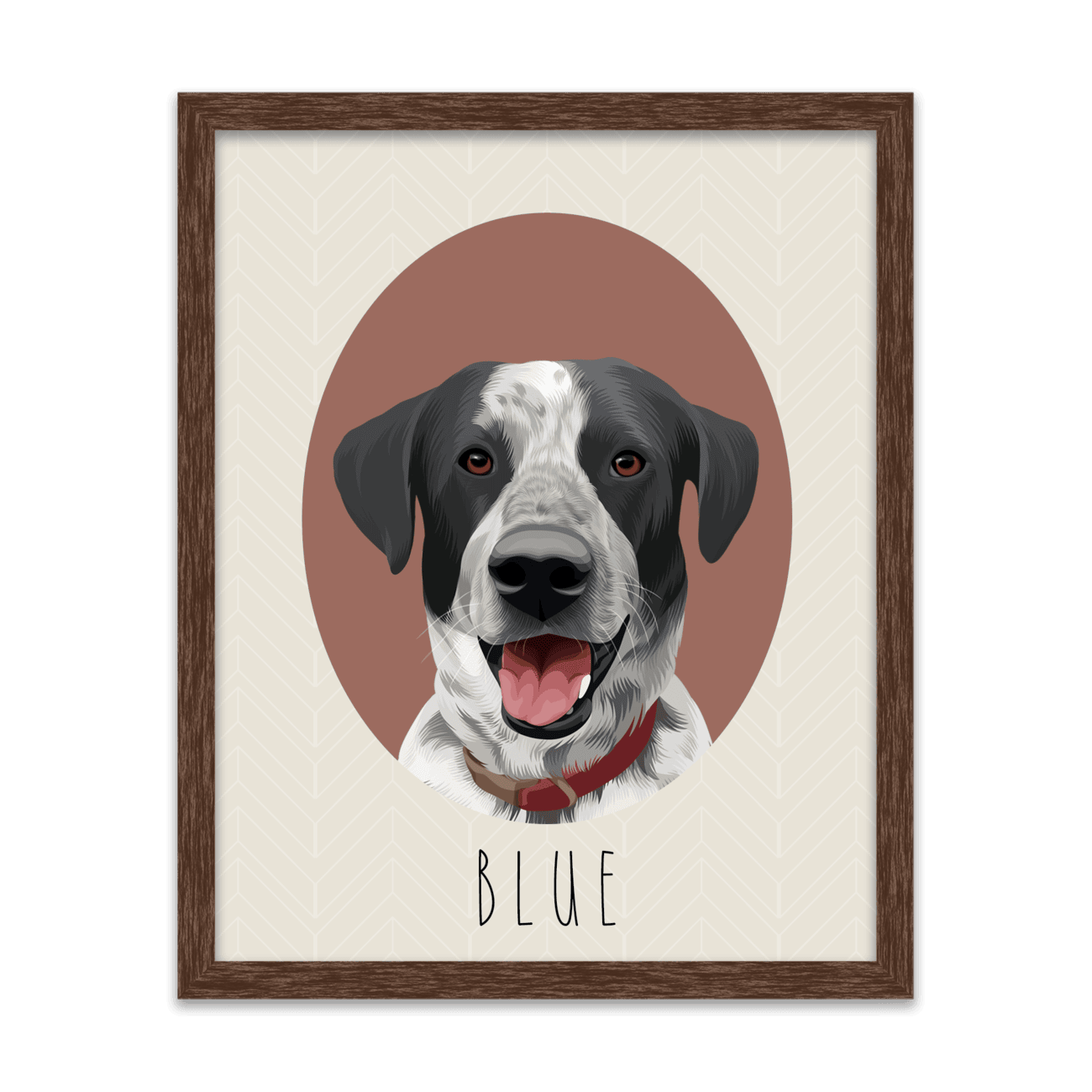Hand-illustrated, red-toned oval pet portrait of a dog named Blue, showcased in a dark walnut frame.