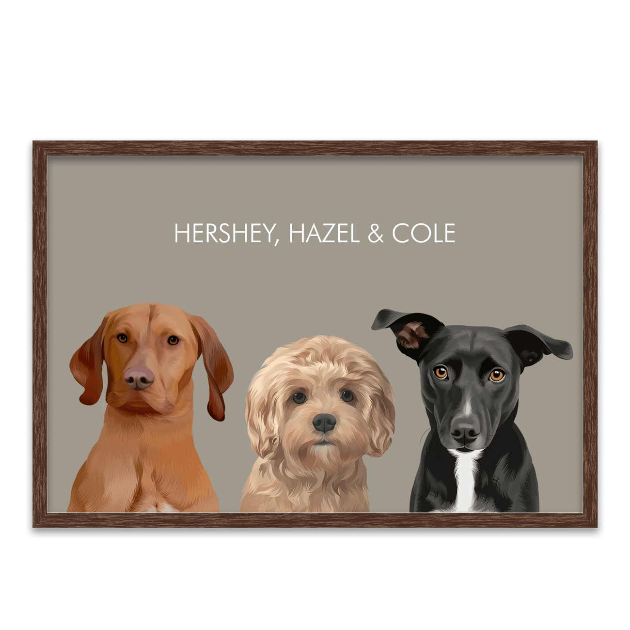 Warm walnut frame surrounds this Soft Neutral Colored Background Pet Portrait with a beige background, highlighting three dogs in a soft, balanced horizontal composition.