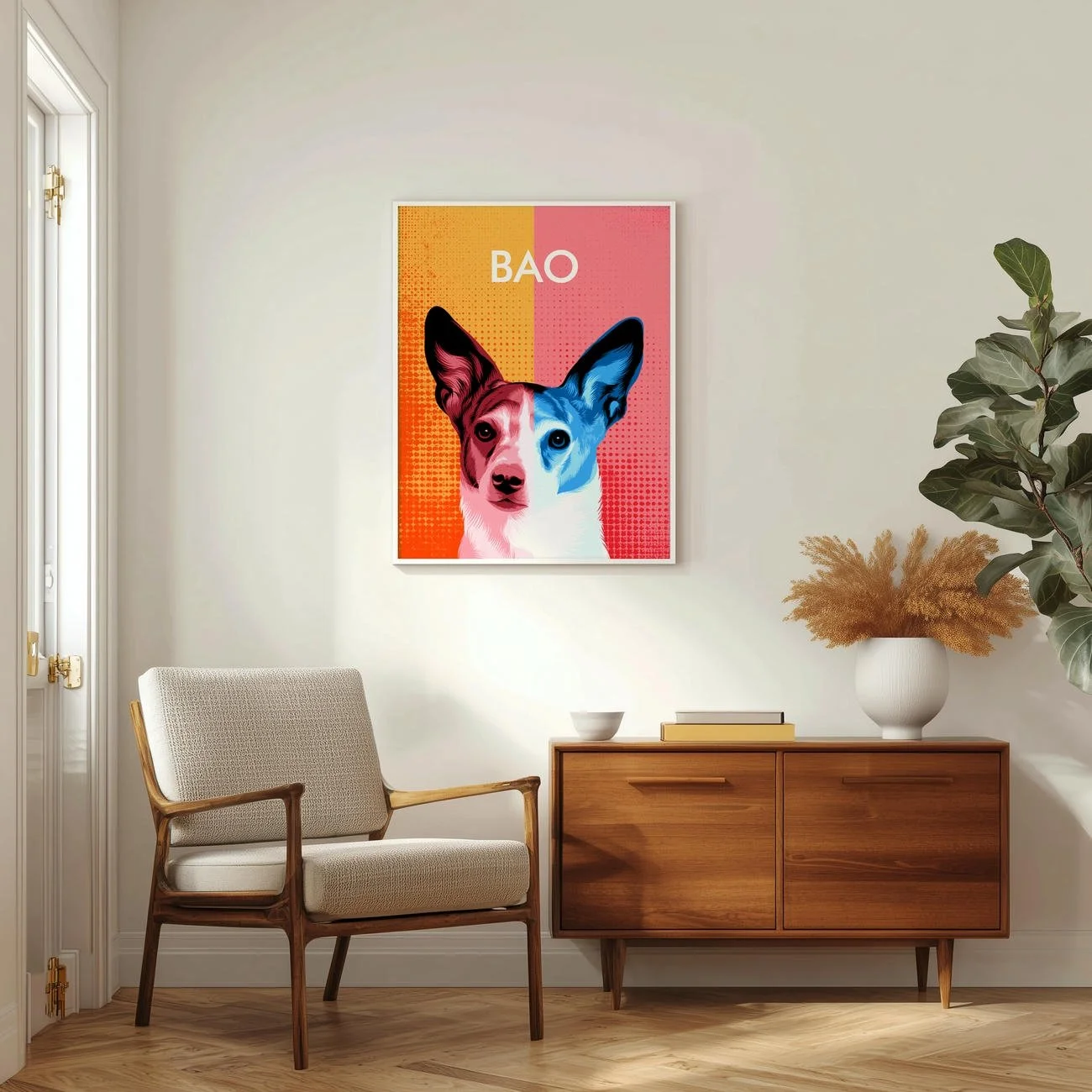 Retro rainbow pet portrait hanging on wall