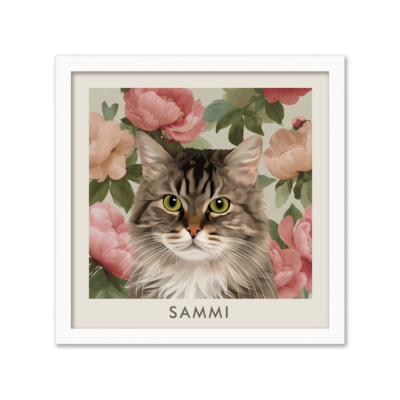 White oak framed Vintage Blush Pink Peonies Pet Portrait featuring a lifelike tabby cat illustration with blush, ivory, and rose-toned peony florals in a warm vintage style.