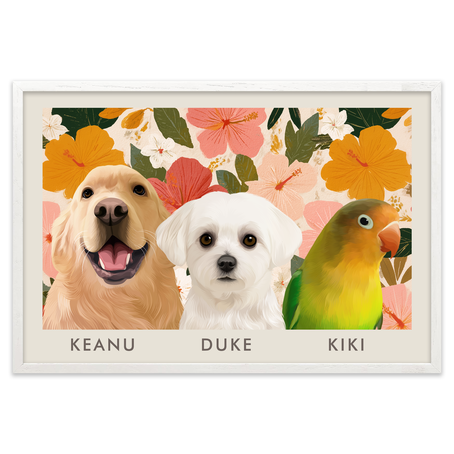 3petportrait-horizontal-goldenhawaiinhibiscussunset_White-Oak-Frame.png