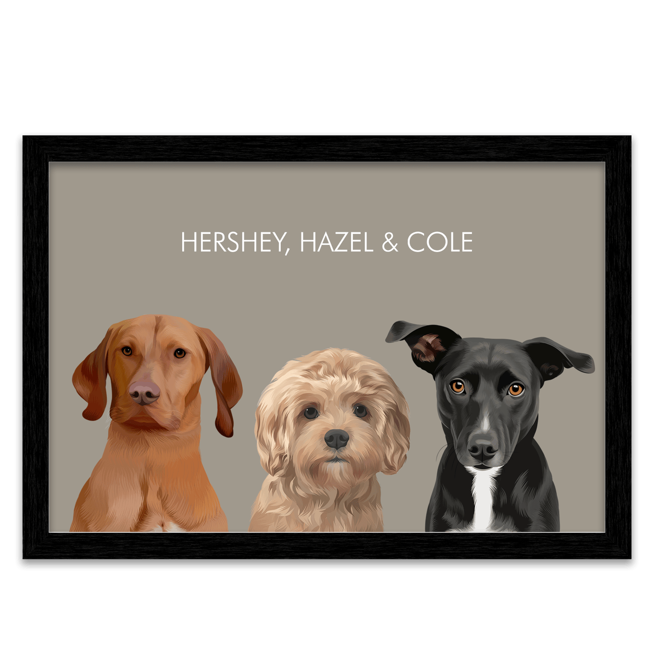 Three dogs illustrated on a Soft Neutral Colored Background Pet Portrait with a beige tone and black frame, featuring Hershey Hazel and Cole in a clean horizontal layout.