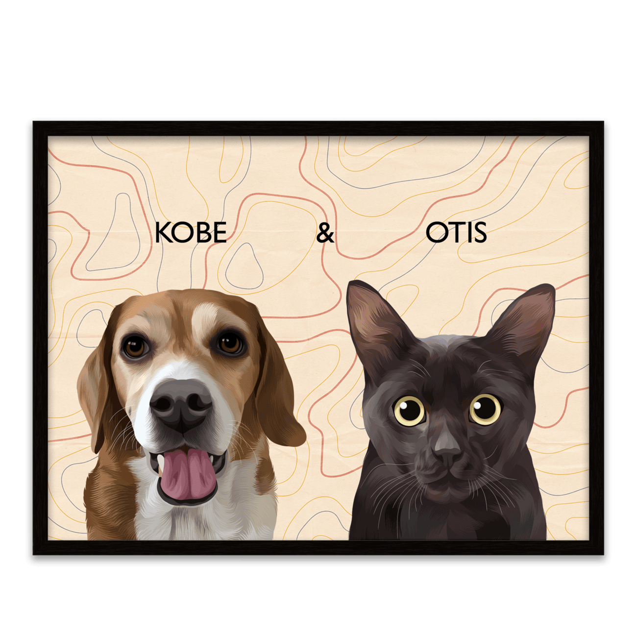 Modern pet portrait of a beagle named Kobe, featuring a warm-toned topographic line art background within a metal frame .