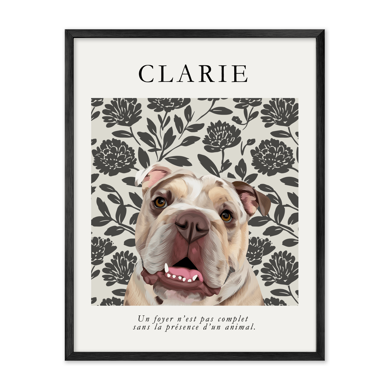 A vertical bulldog illustration with peonies florals and French quote, showcased in a polished metal frame for modern elegance.