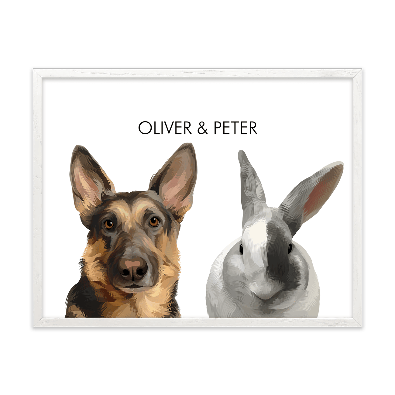 White oak framed pet portrait of a German Shepherd dog and rabbit displayed with minimalist styling on a bright white background.