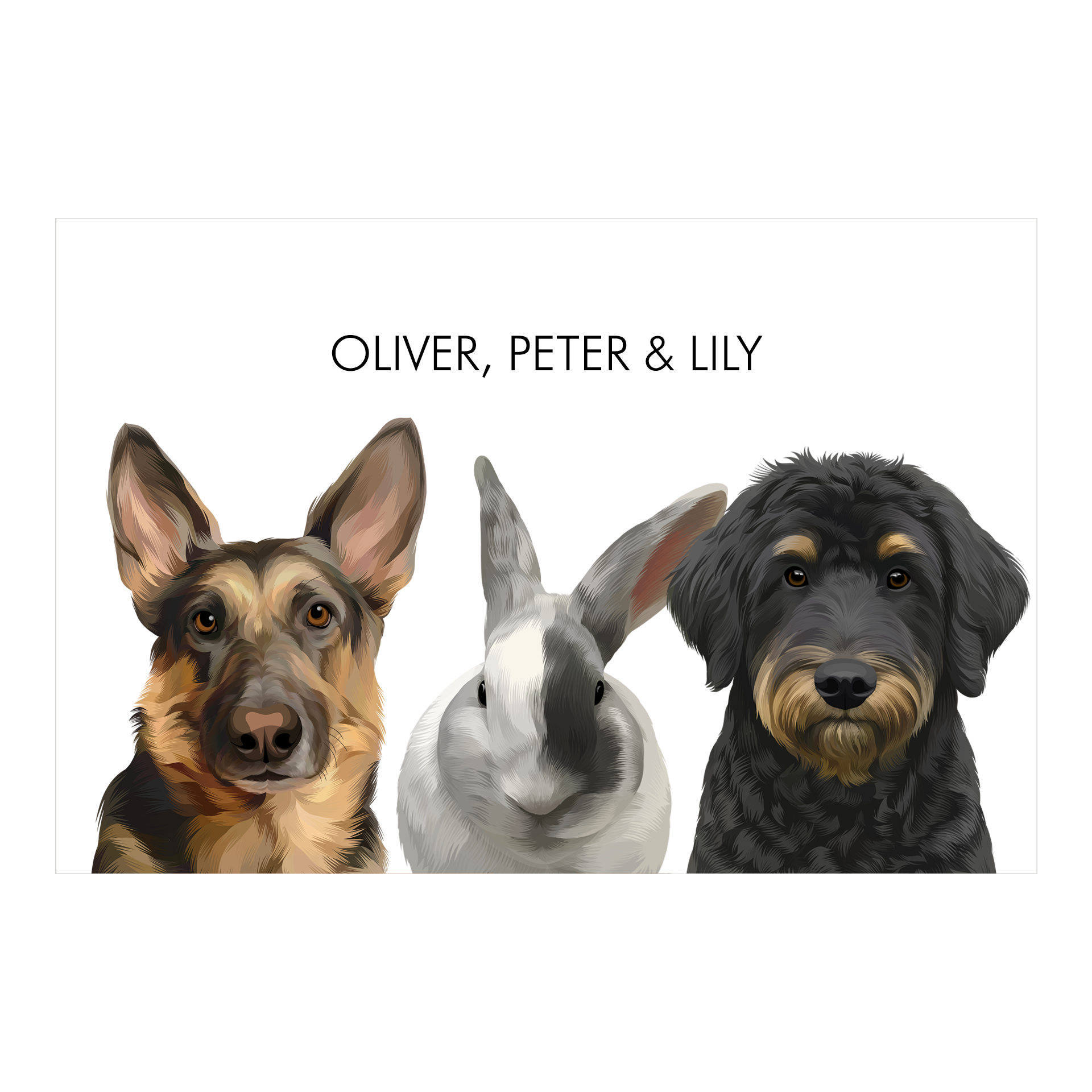 Print only custom pet portrait of a German Shepherd dog, rabbit, and black doodle dog arranged together on a simple white backdrop.