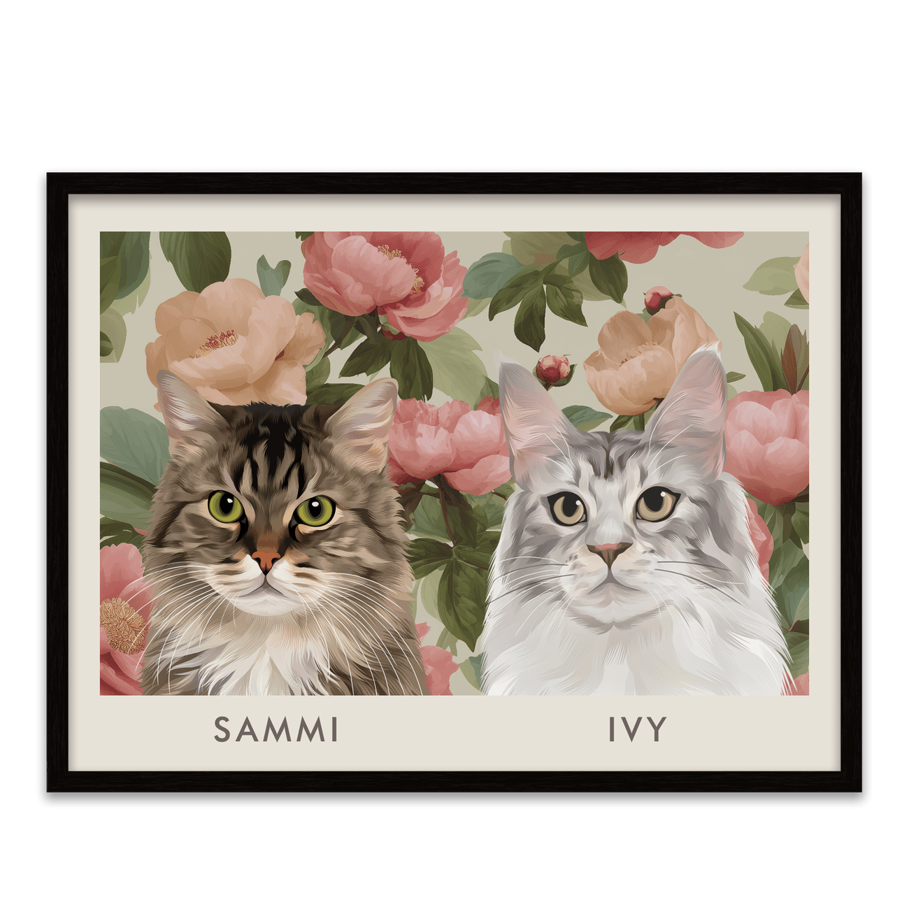 Two-pet custom pet portrait on vintage blush peonies floral background in a sleek metal frame, soft pink blooms surrounding Sammi and Ivy.