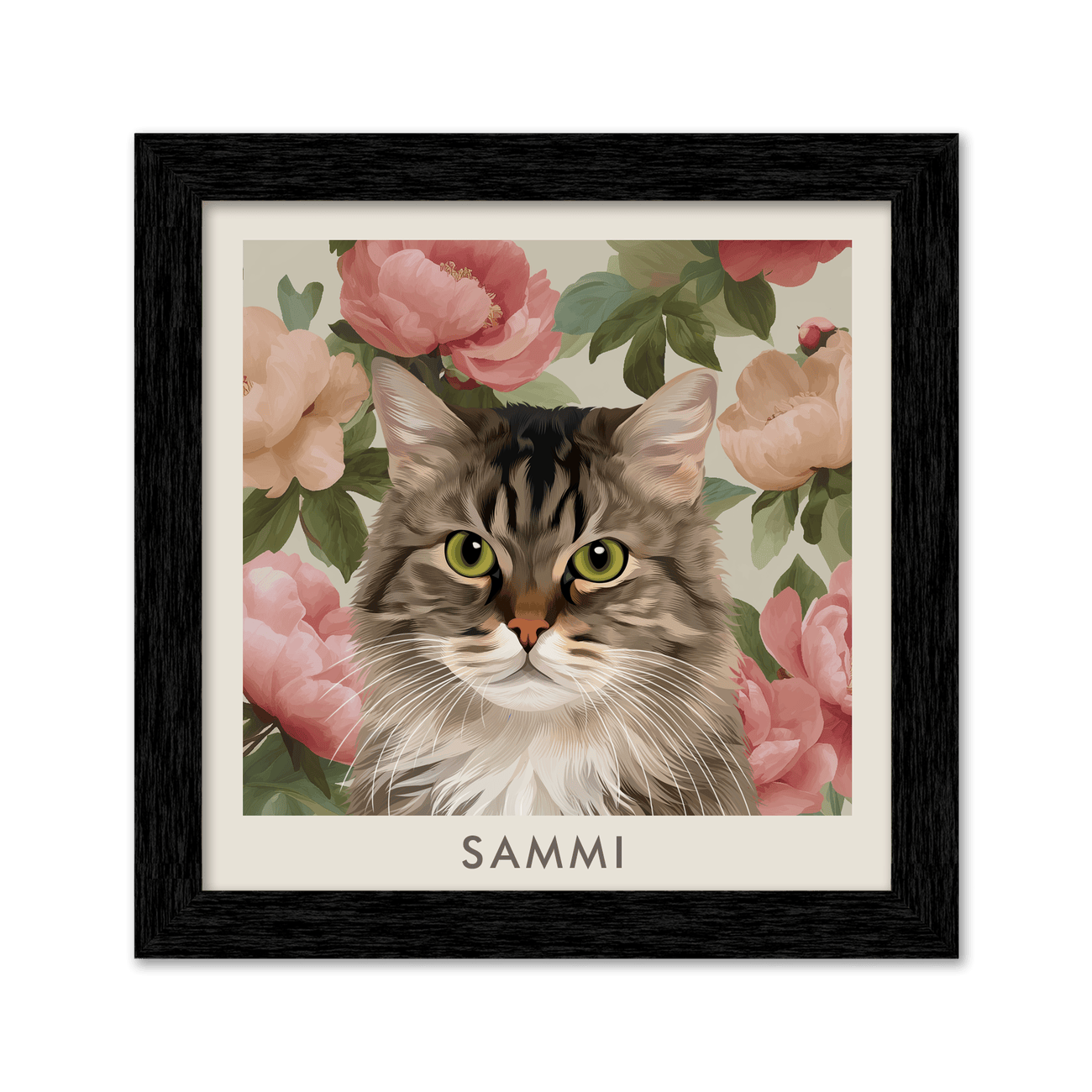 Black framed Vintage Blush Pink Peonies Pet Portrait of a fluffy tabby cat with green eyes, surrounded by blush, ivory, and dusty rose peonies with soft botanical greenery.