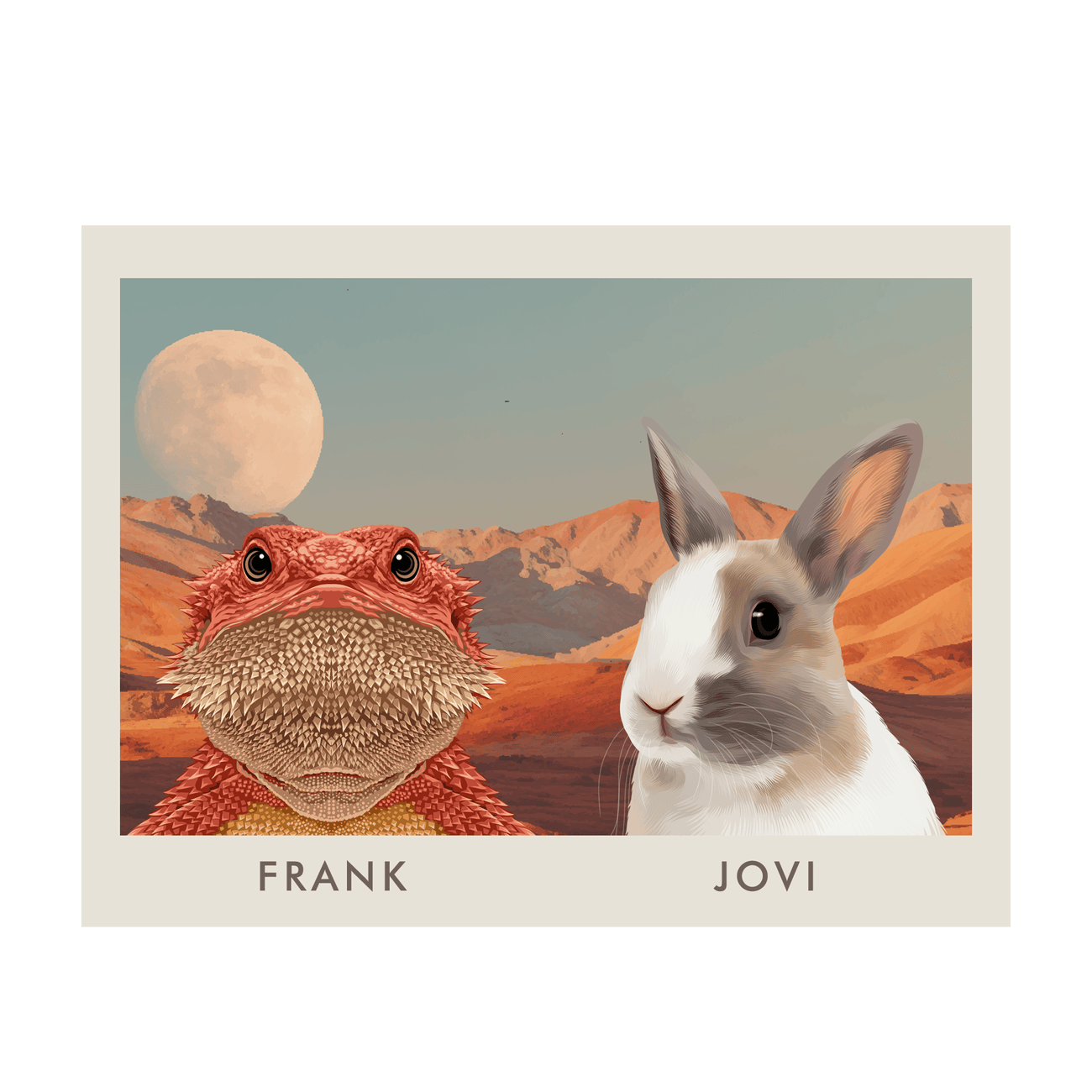 Horizontal desert moon landscape pet portrait of Frank the bearded dragon and Jovi the rabbit, print only.