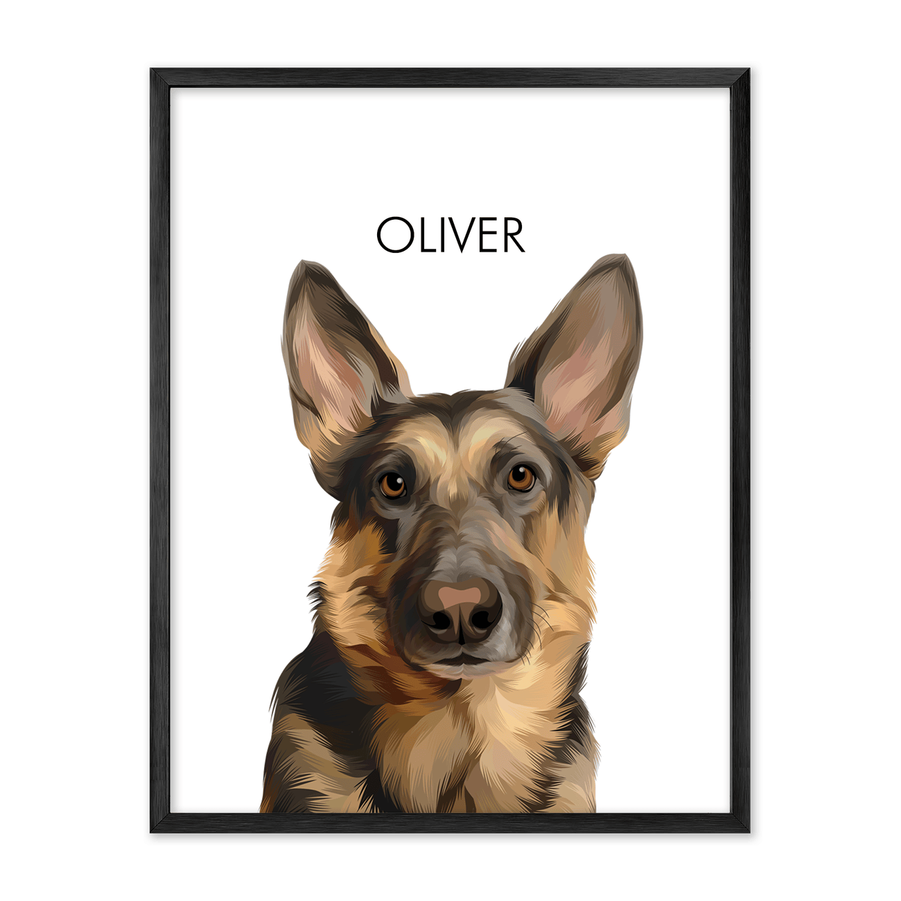 A modern vertical German Shepherd portrait showcased in a brushed metal frame with simple gallery style presentation.