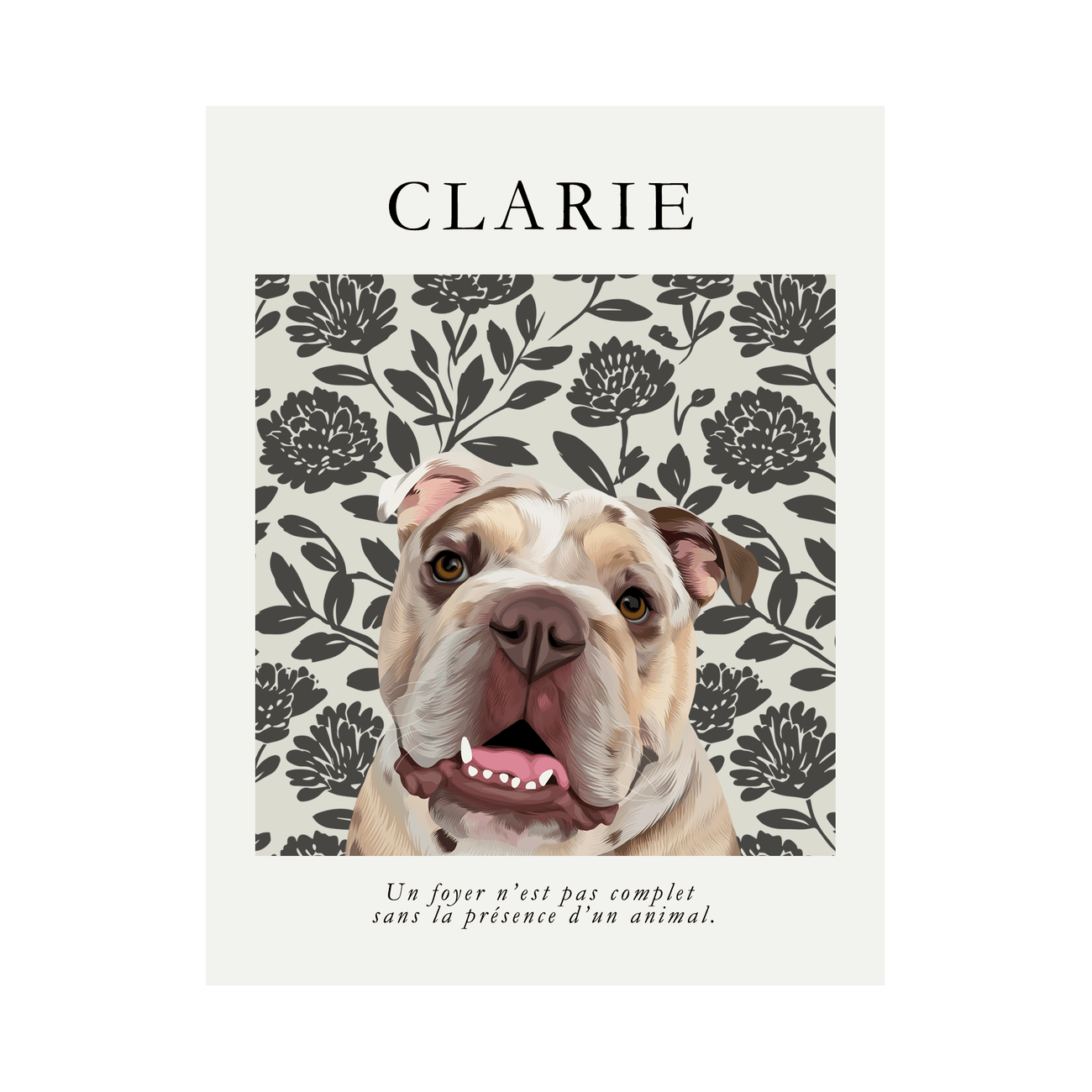 A vertical bulldog pet portrait with peonies floral background and French quote, available as a print only for flexible display.