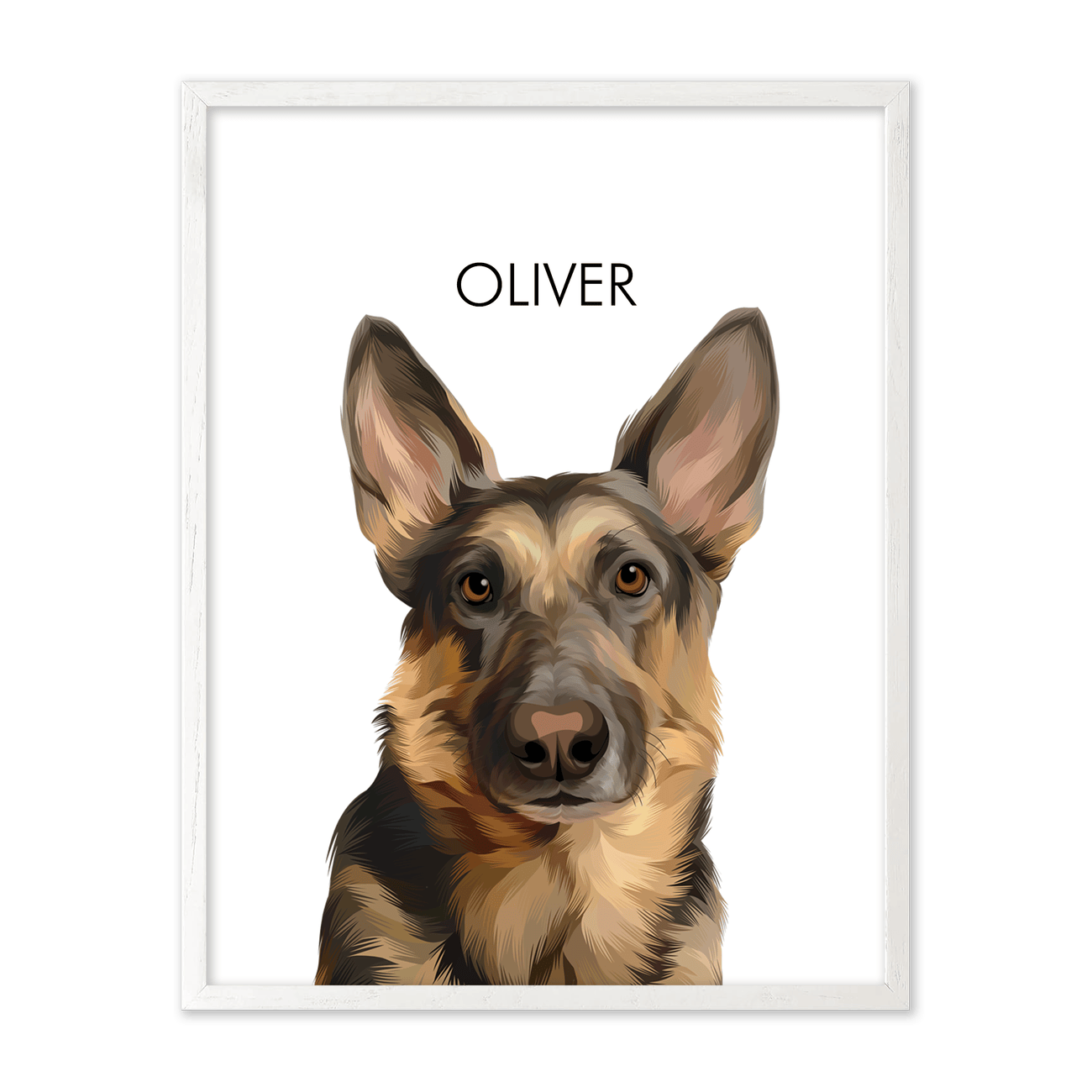 Presented in a white oak frame, this vertical German Shepherd dog portrait features a clean layout and timeless neutral aesthetic.