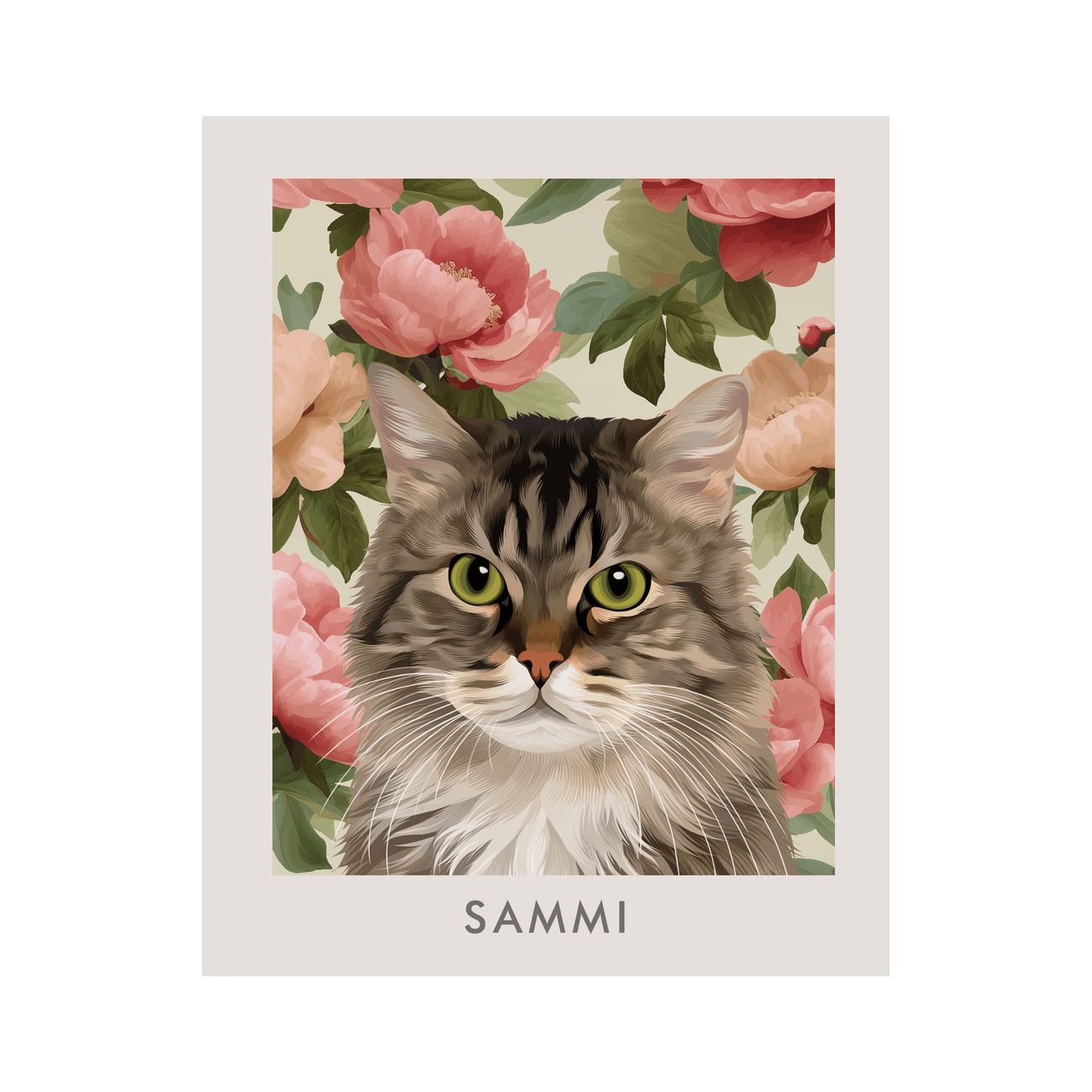 Vertical vintage blush pink peonies pet portrait print of tabby cat Sammi, elegant floral backdrop with soft pink and sage tones.