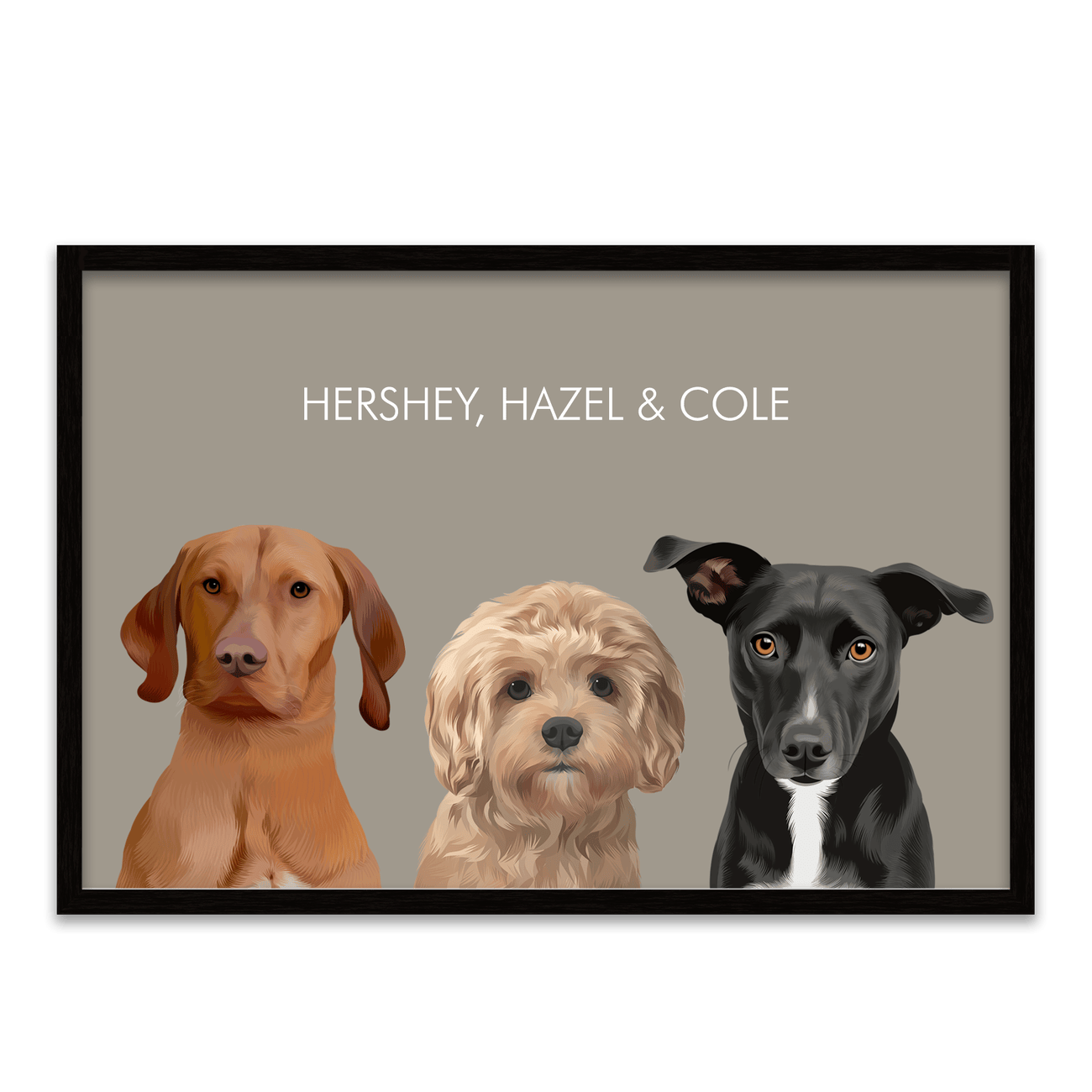 A horizontal Soft Neutral Colored Background Pet Portrait with a beige backdrop and sleek metal frame, showing three pets centered with soft tones and minimal styling.