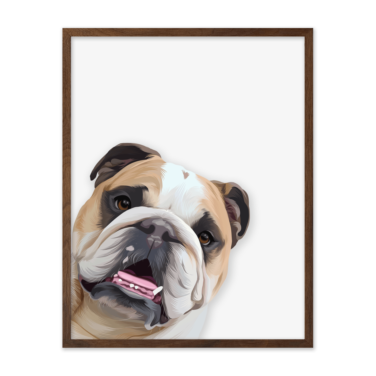 Walnut framing complements this vertical playful peekaboo Bulldog artwork with a cheerful expression and stylish modern pet portrait look.