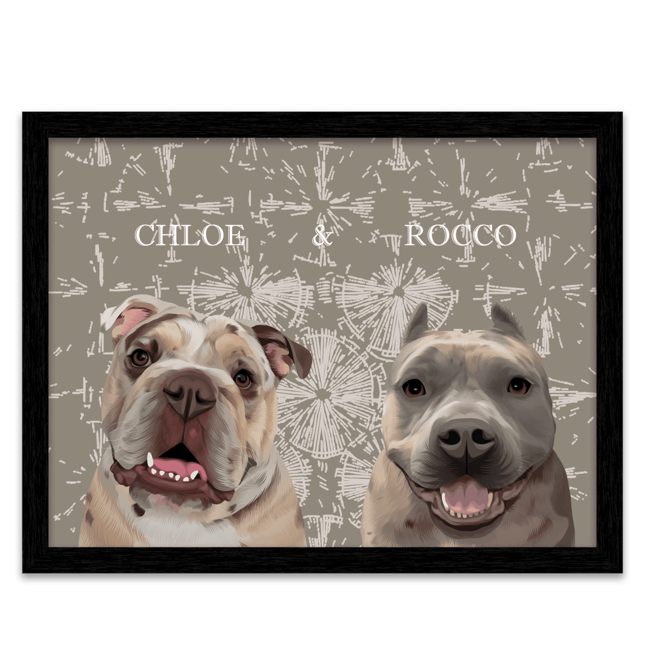 Boho themed pet portrait of a bulldog named Chloe and a pitbull named Rocco, hand-illustrated with a modern dandelion-inspired background and black frame.