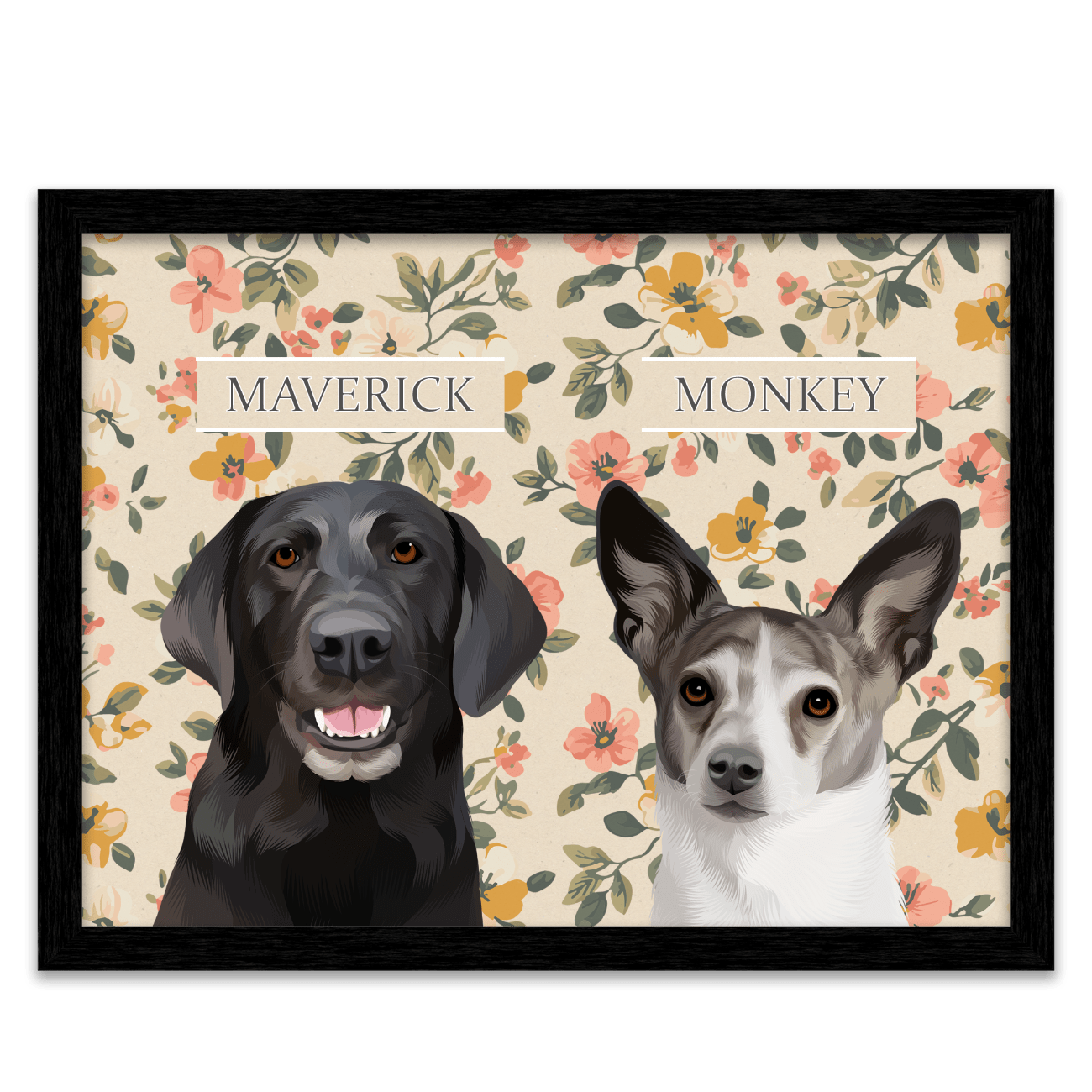 Vintage-style custom pet portrait of a black dog named Maverick and a white dog named Monkey, featured in a hand-illustrated floral background with a black frame.