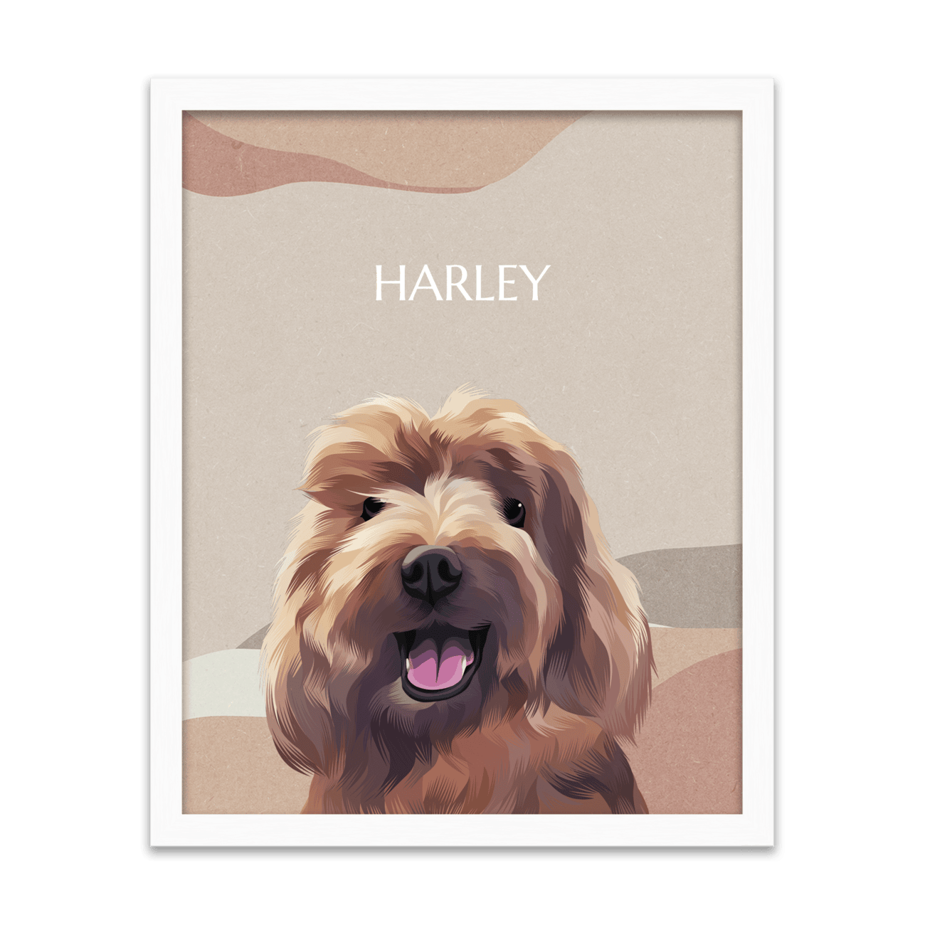 Boho pet portrait of a dog named Harley, custom hand-illustrated with a warm earthy background and framed in a white oak frame.