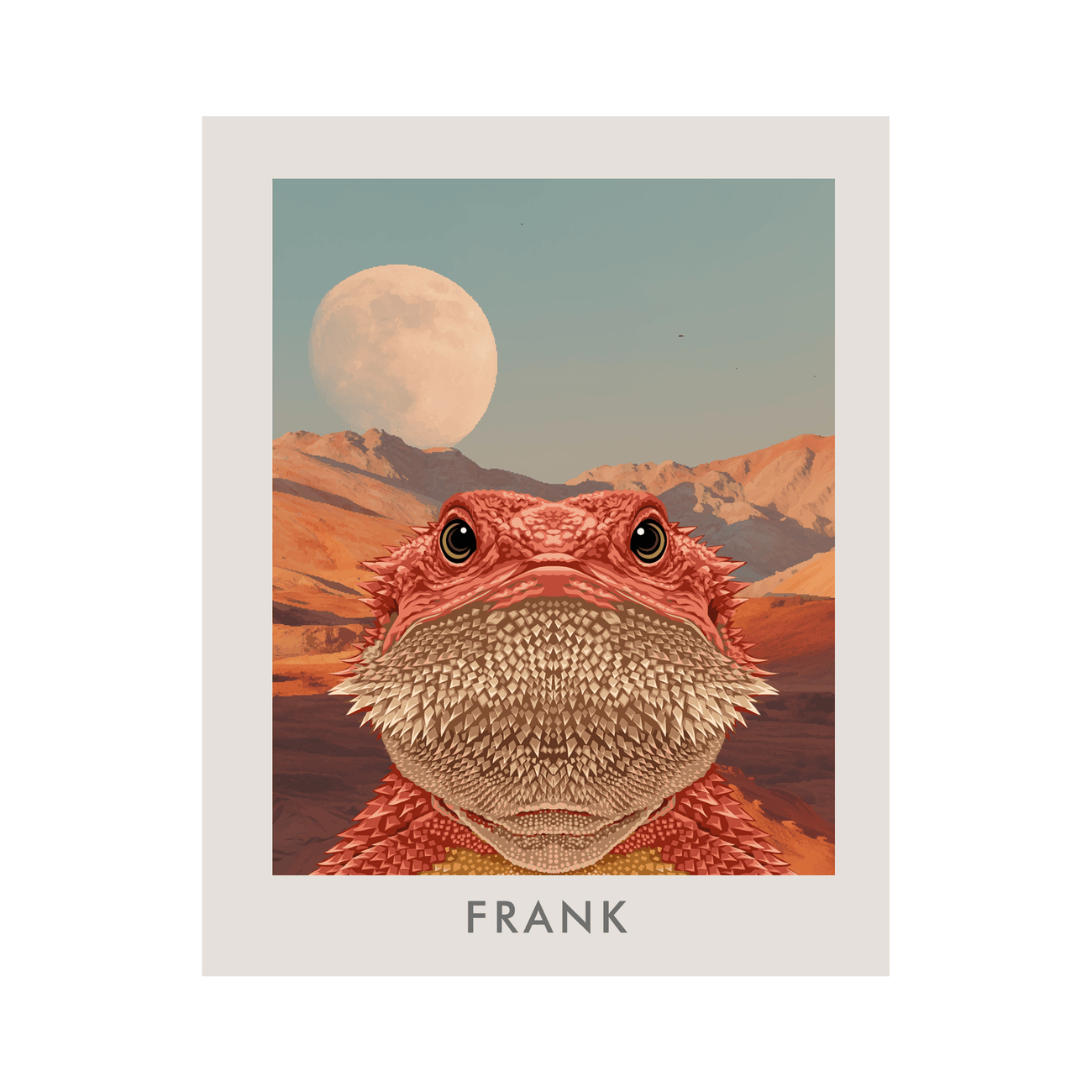 Bearded dragon portrait of Frank with warm desert moon background, unframed art print.