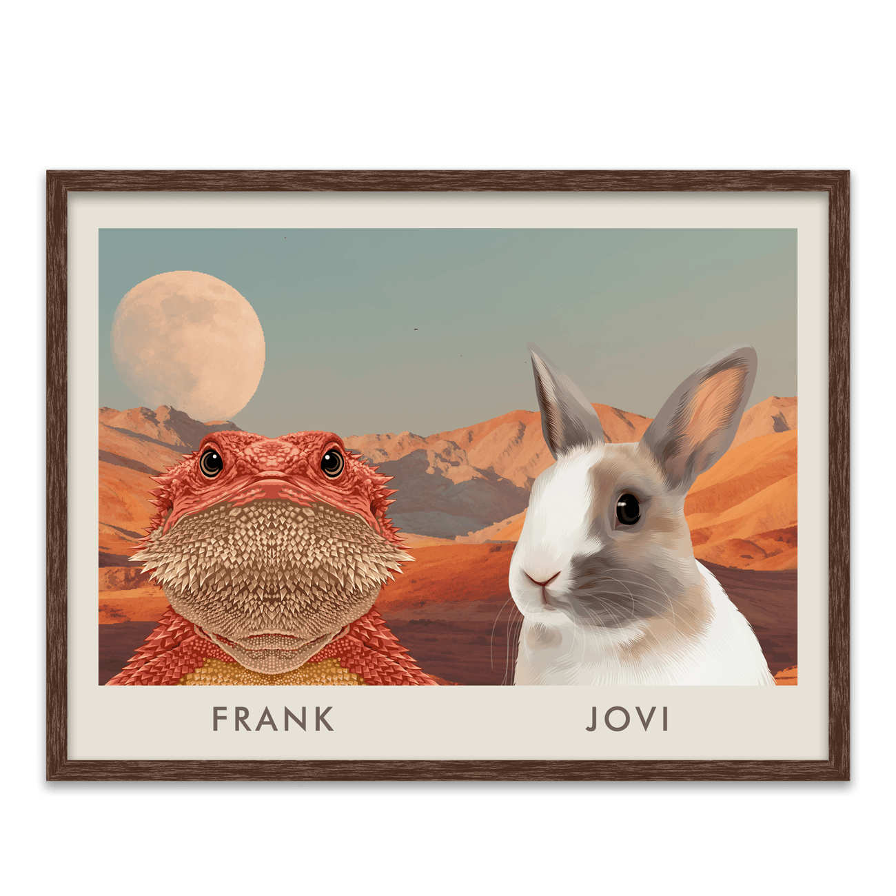 Horizontal desert moon pet portrait featuring Frank the bearded dragon and Jovi the rabbit in a walnut frame.