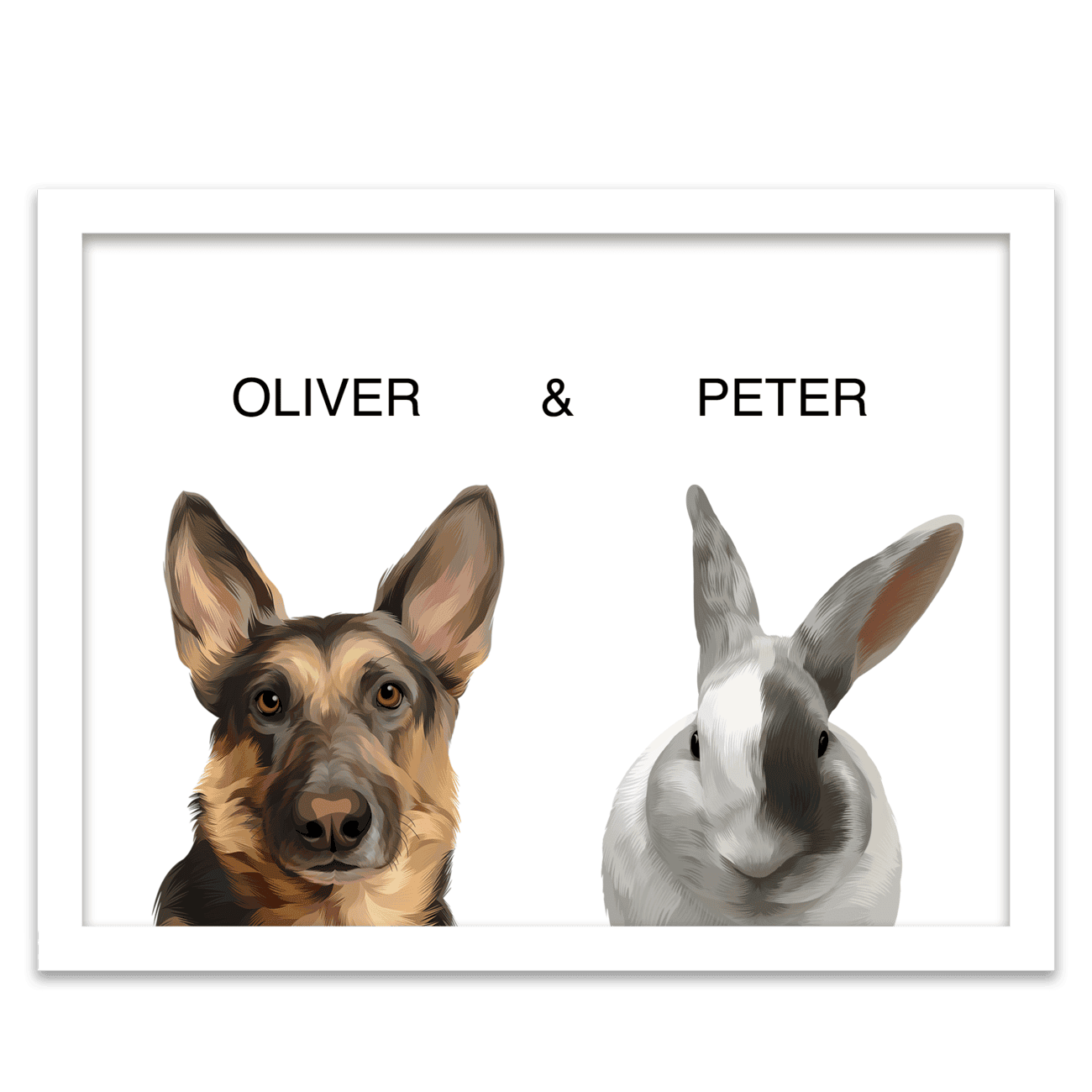 Framed pet portrait artwork of a German Shepherd dog named Oliver and a white bunny named Peter on a white background, placed in a white frame.