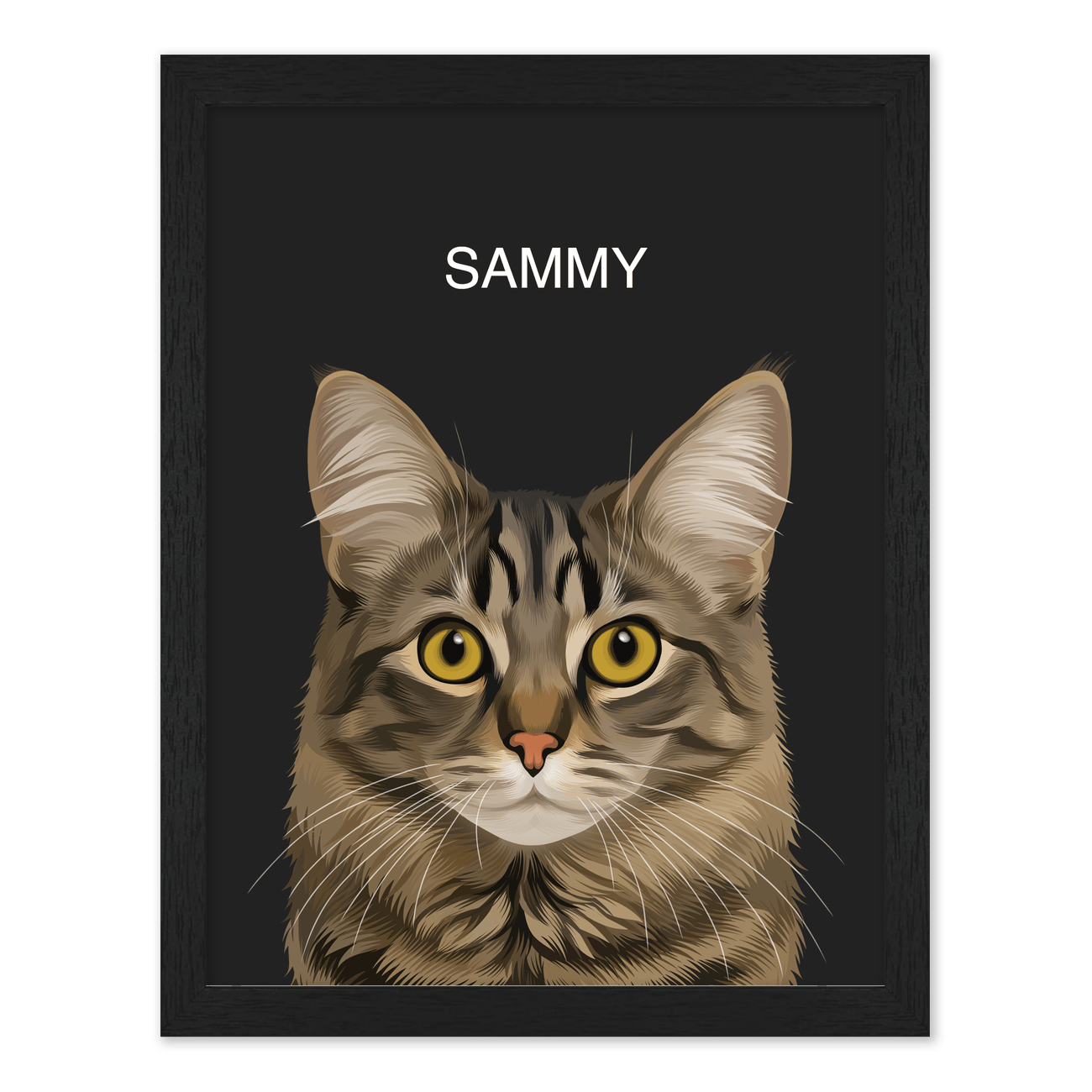Detailed tabby cat portrait of Sammy on a black background in a textured black frame, custom illustrated pet portrait.