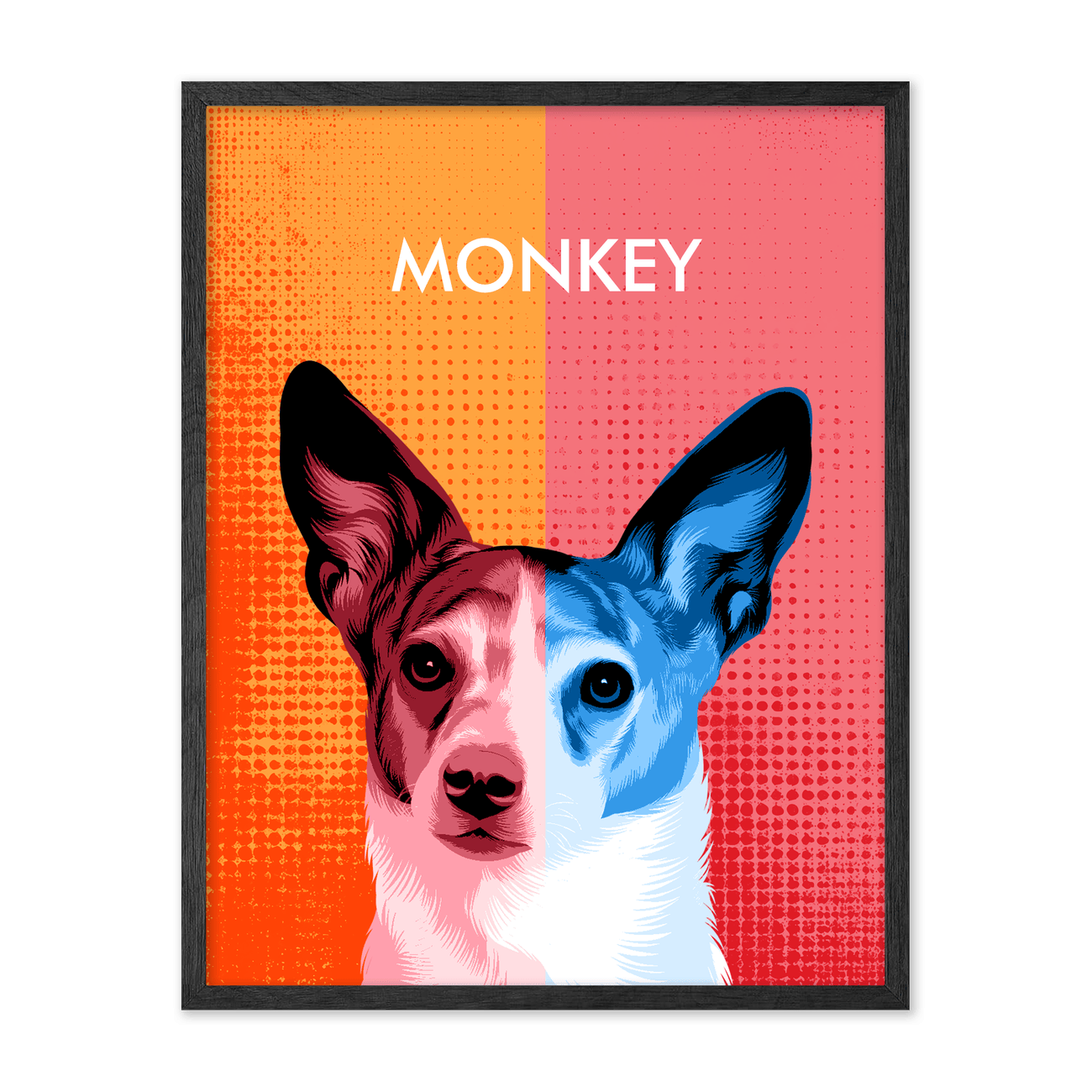 A striking vertical modern pop art pet portrait featuring bold two toned colors and expressive detail, presented in an elegant black oak frame.