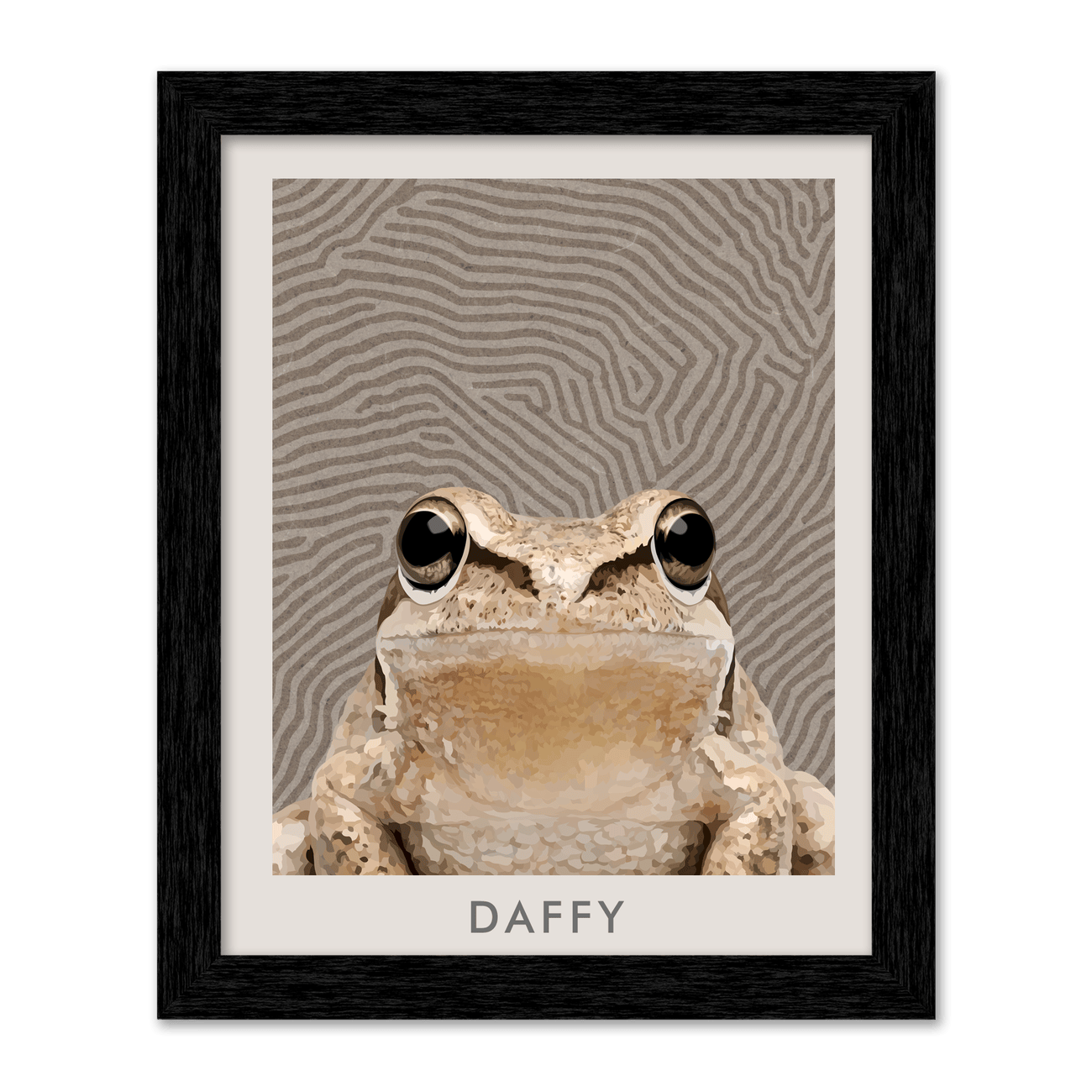 In a vertical black frame, this Organic Terrain Lines Minimalist Pet Portrait features a close up frog illustration layered over subtle contour lines for a bold, modern statement.