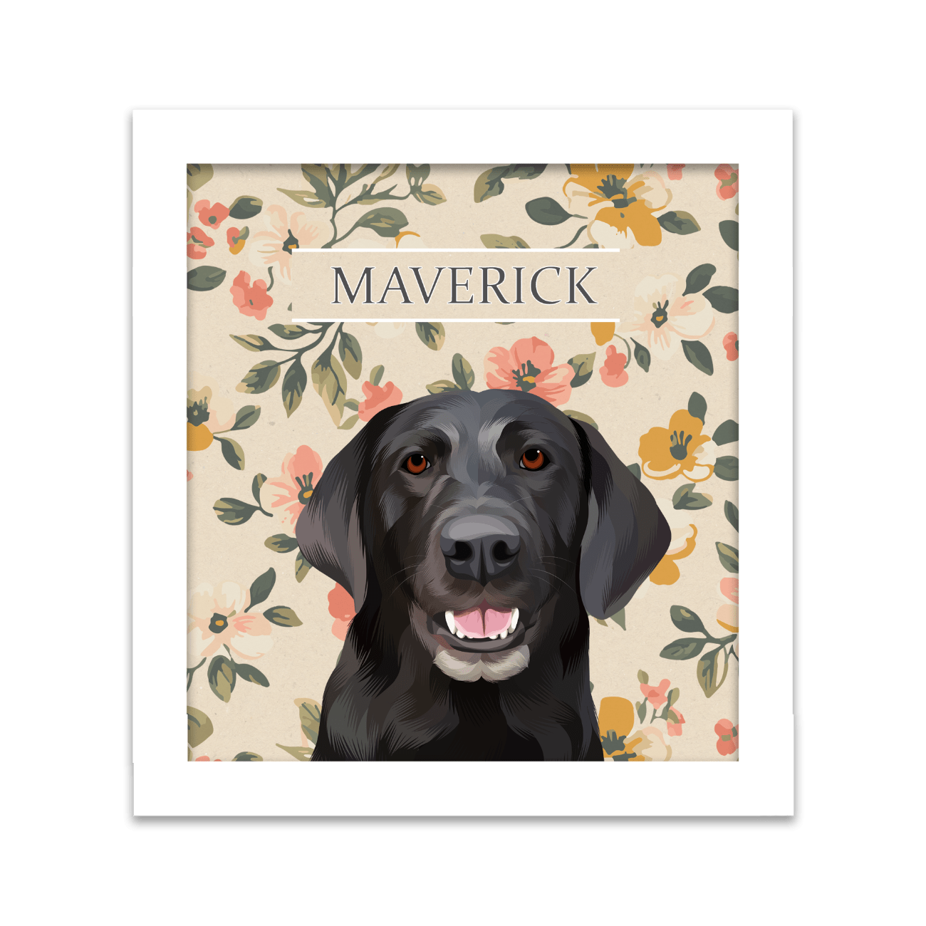 Vintage-style custom pet portrait of a black dog named Maverick , featuring a hand-illustrated floral background with a square white frame.