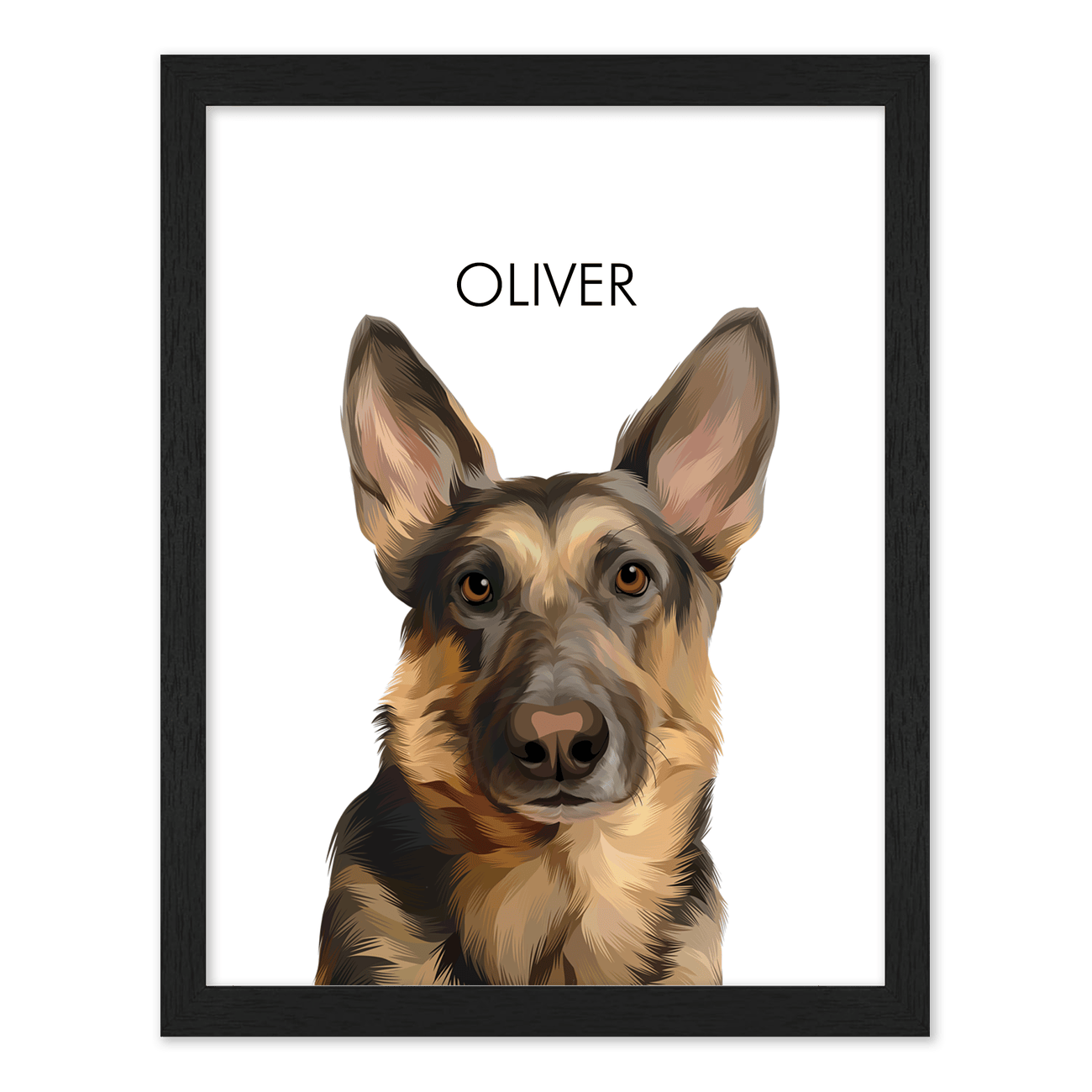This vertically framed German Shepherd portrait combines a standard black frame with clean modern styling and soft tones.