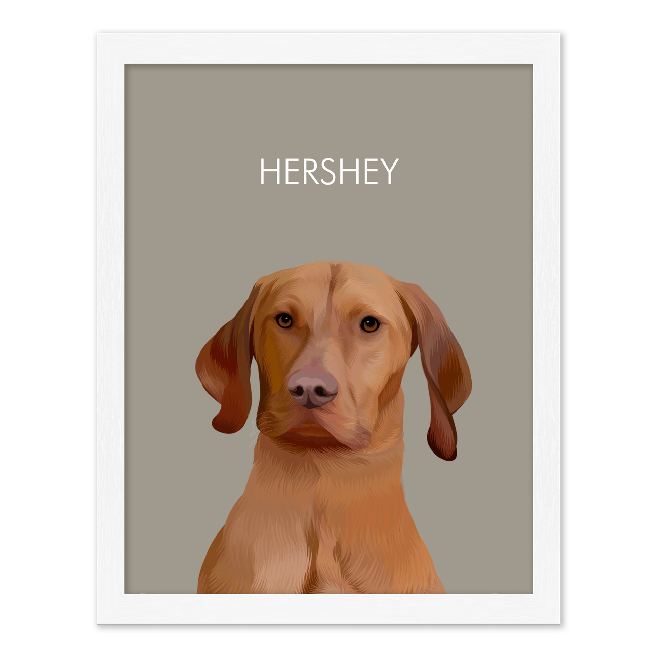 Framed pet portrait artwork of a Vizsla dog named Hershey on a neutral beige colored background, framed in a white frame.