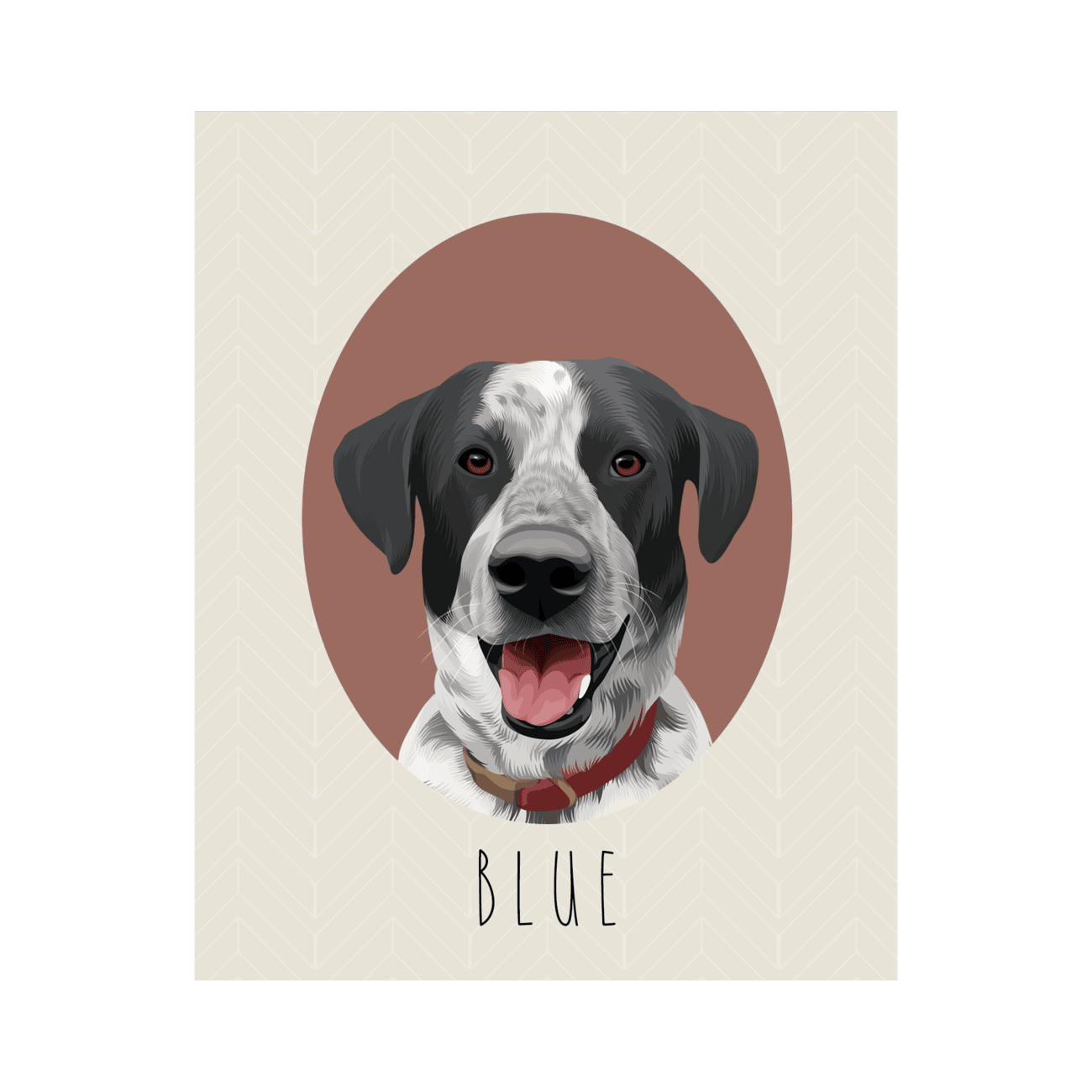 Hand-illustrated pet portrait of a dog named Blue, set against an oval-shaped red background and printed on enhanced matte paper.