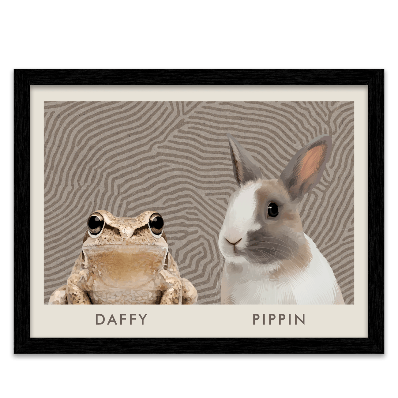 A frog and rabbit sit side by side in this Organic Terrain Lines Minimalist Pet Portrait, featuring a textured neutral background with flowing line details in a horizontal black frame.