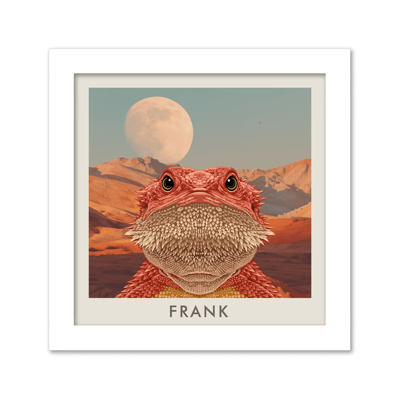 Bearded dragon artwork of Frank under a desert moon, displayed in a white frame.