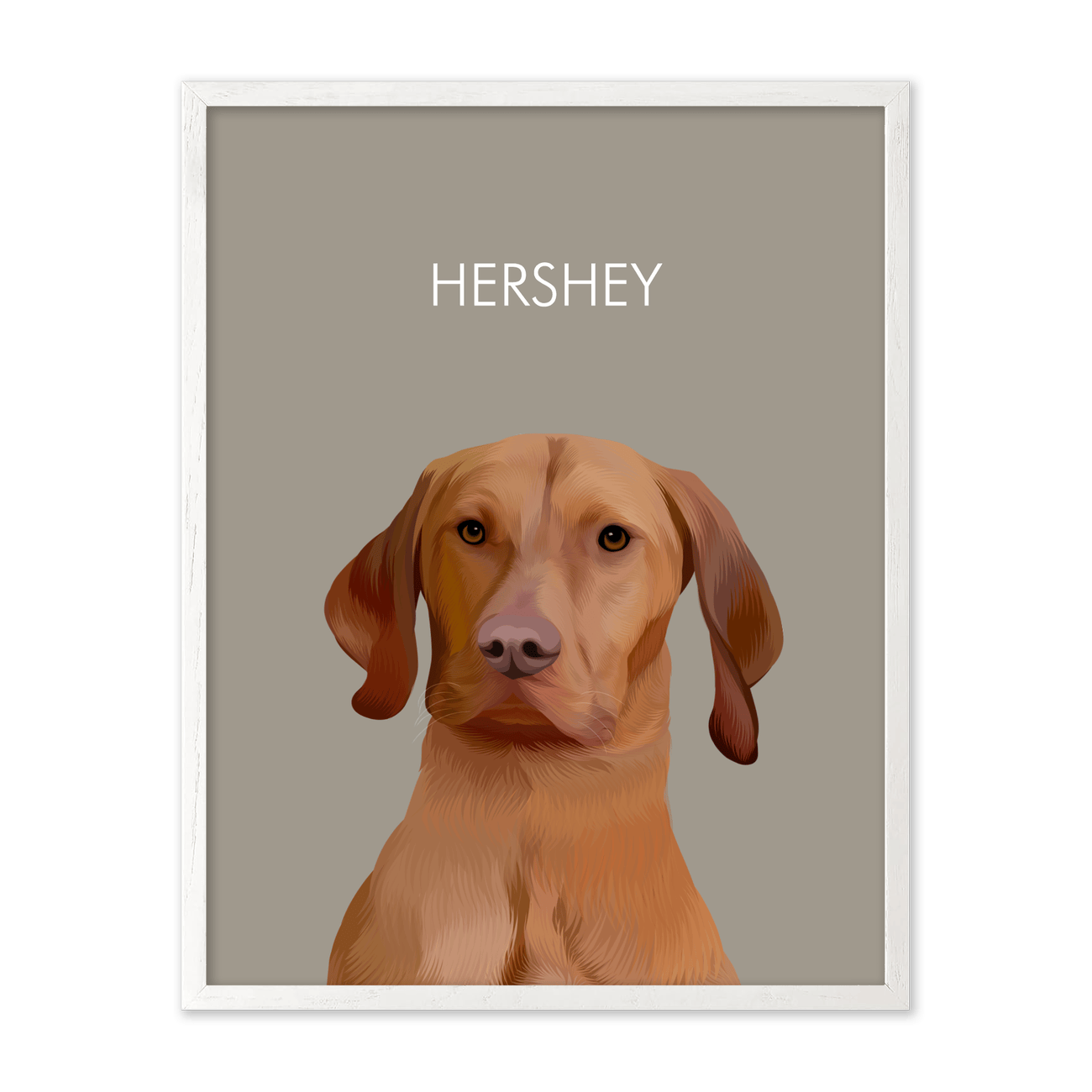 Framed pet portrait artwork of a Vizsla dog named Hershey on a neutral beige colored background, framed in a white oak frame.
