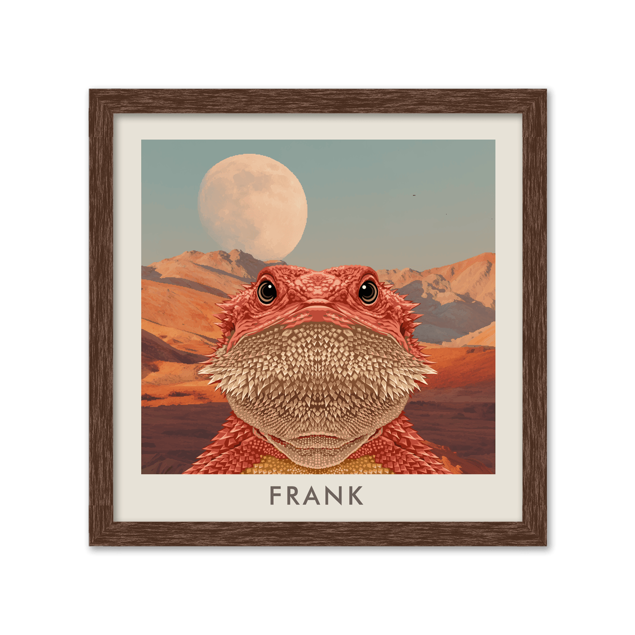 Framed bearded dragon portrait of Frank with warm desert moon scene in walnut wood.