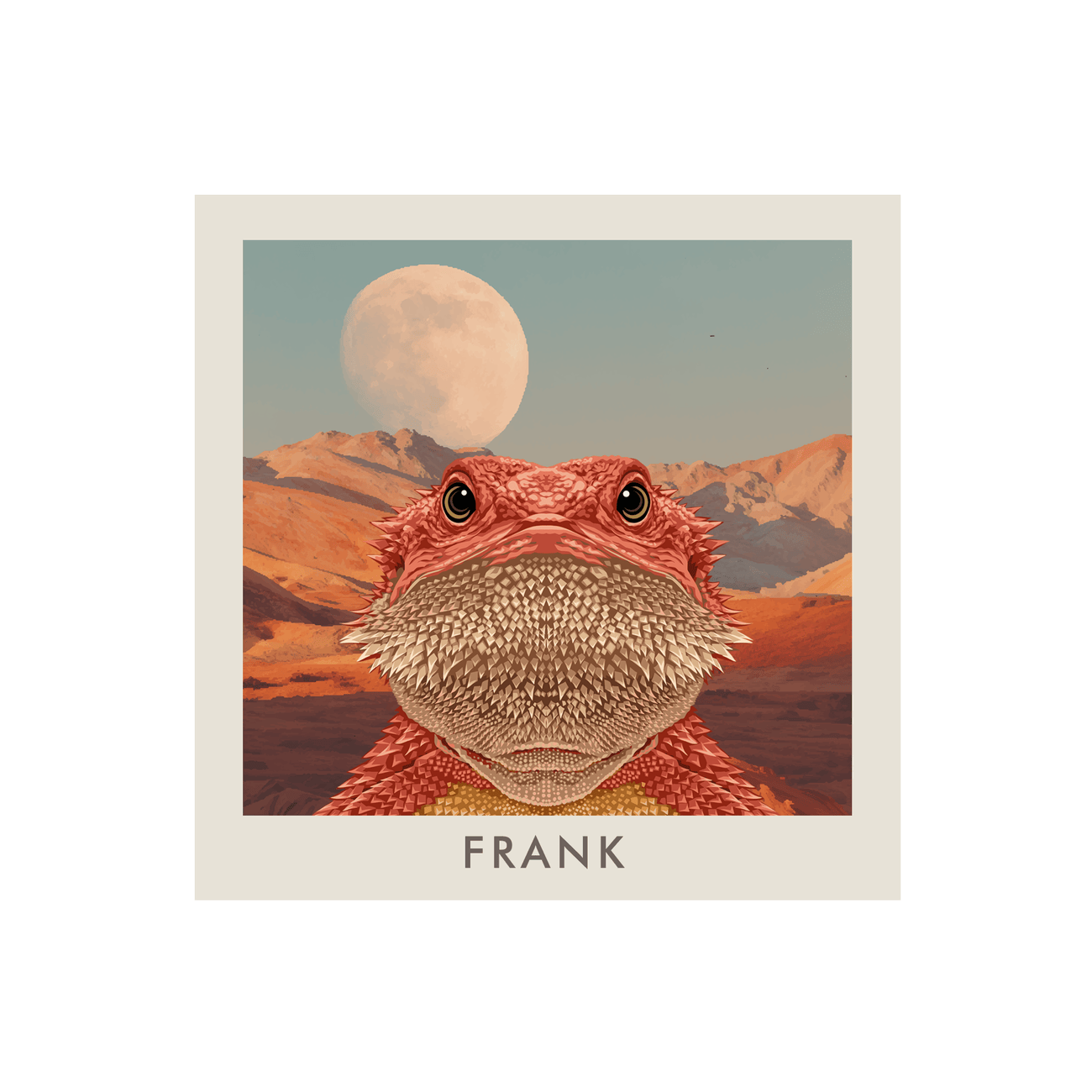 Bearded dragon illustration named Frank with desert moon and mountain background, unframed print.