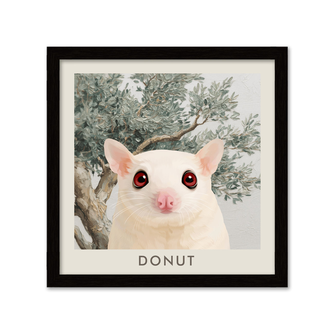 Square artwork showing a custom pet portrait from your pet in a sleek metal frame with a serene Mediterranean olive tree scene.