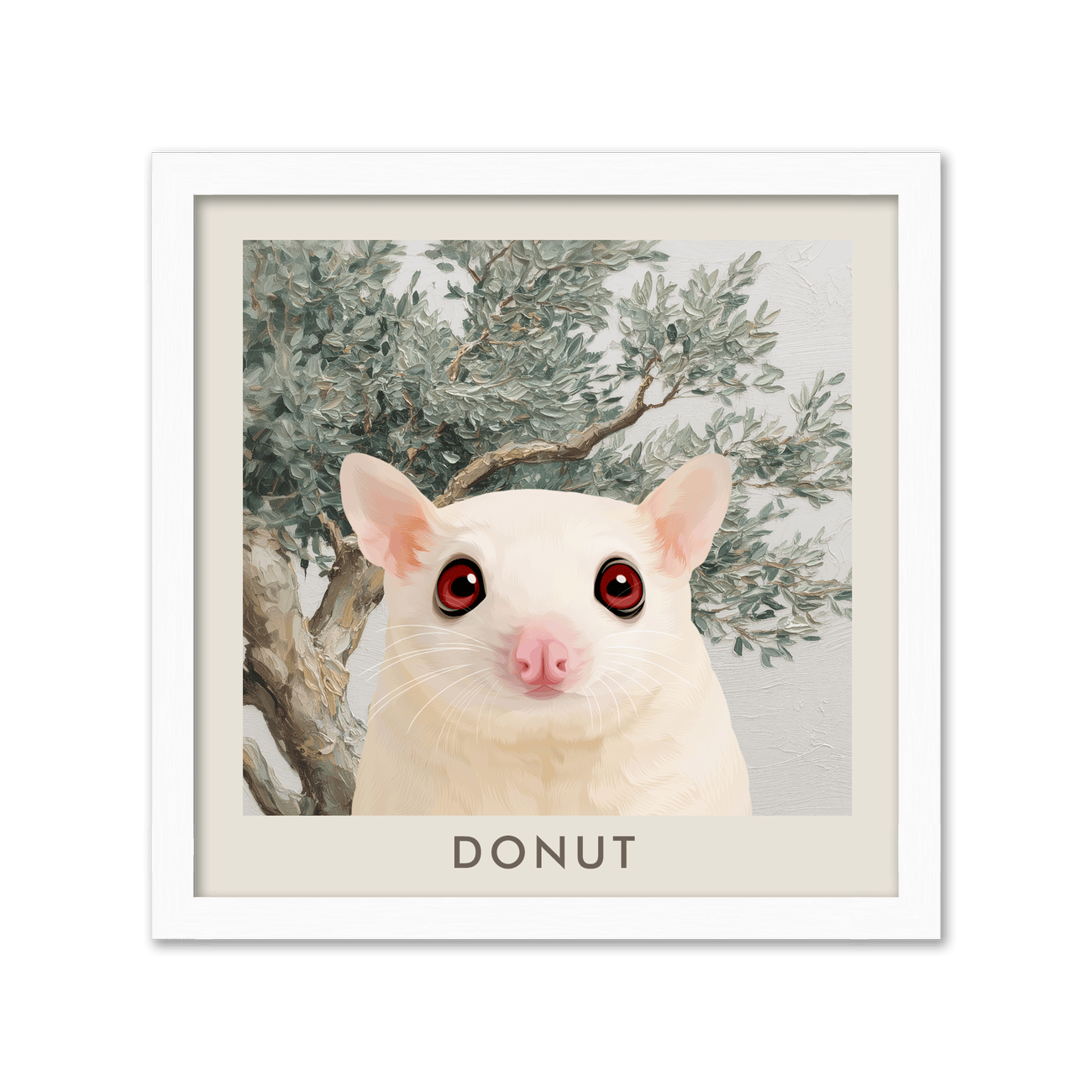 Square custom pet portrait from your pet framed in white oak featuring airy Mediterranean olive tree textures and neutral tones.