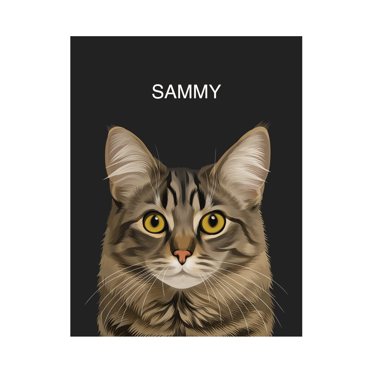 Personalized tabby cat portrait named Sammy on a black background, custom pet illustration, printed.