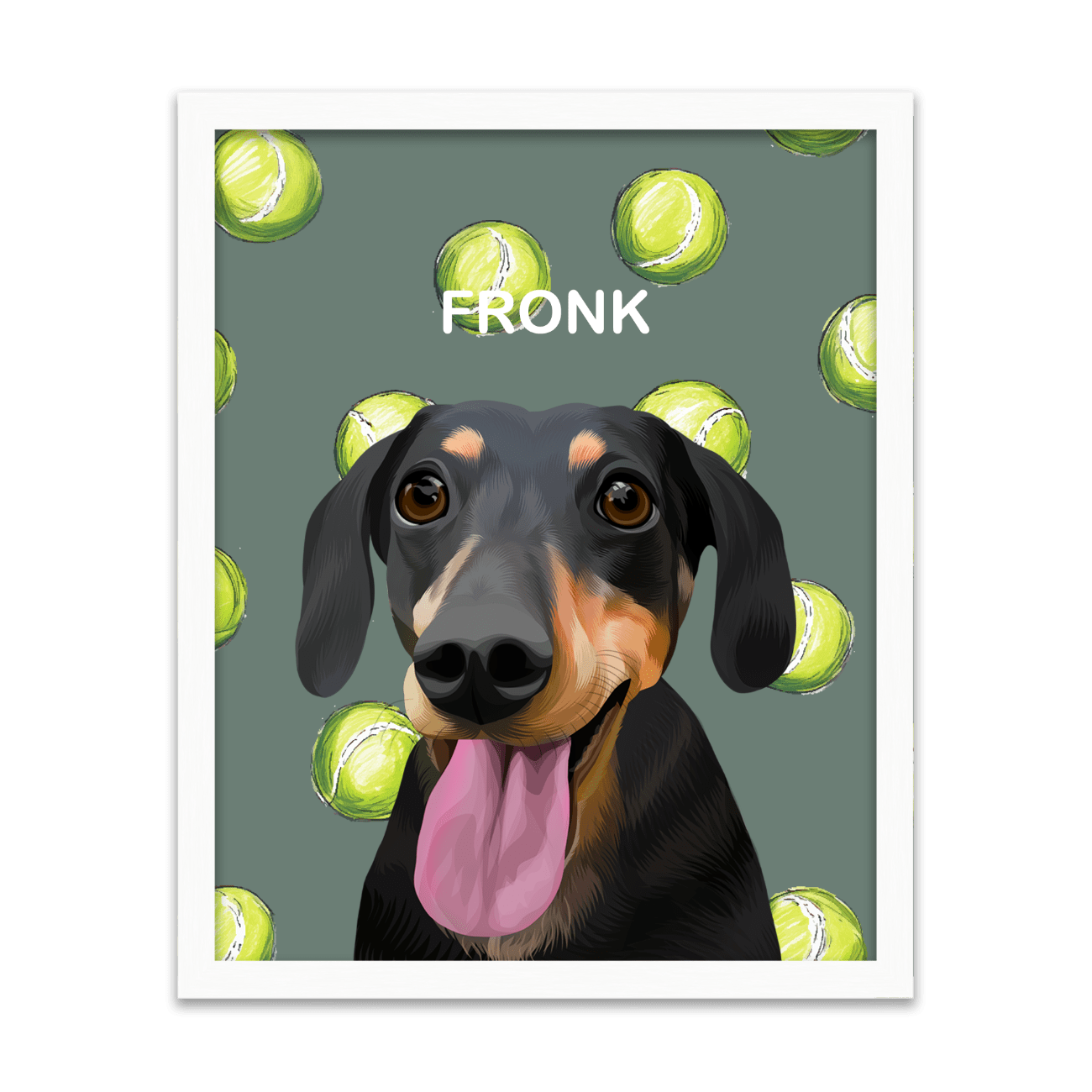 Pet portrait of a black dachshund dog named Fronk, against a playful tennis ball pattern on a neutral green background, displayed in a white-oak frame.