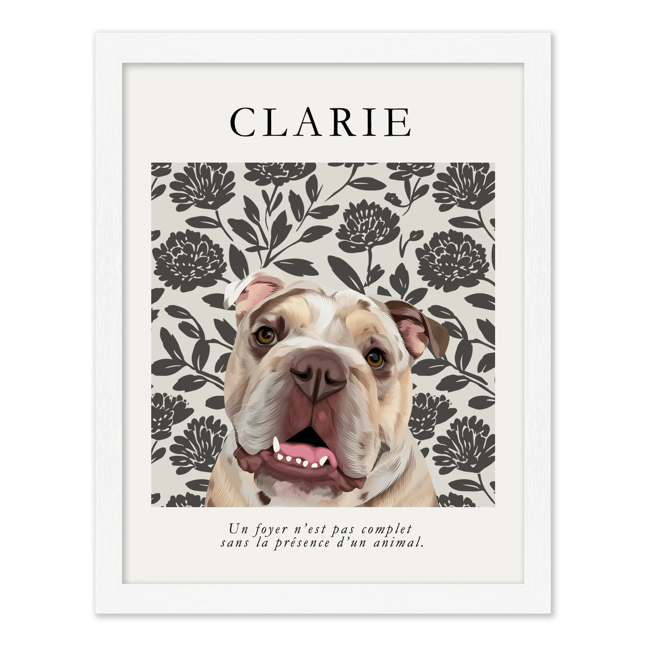 A vertical hand illustrated bulldog pet portrait with a peonies floral background and French quote, displayed in a clean white frame.
