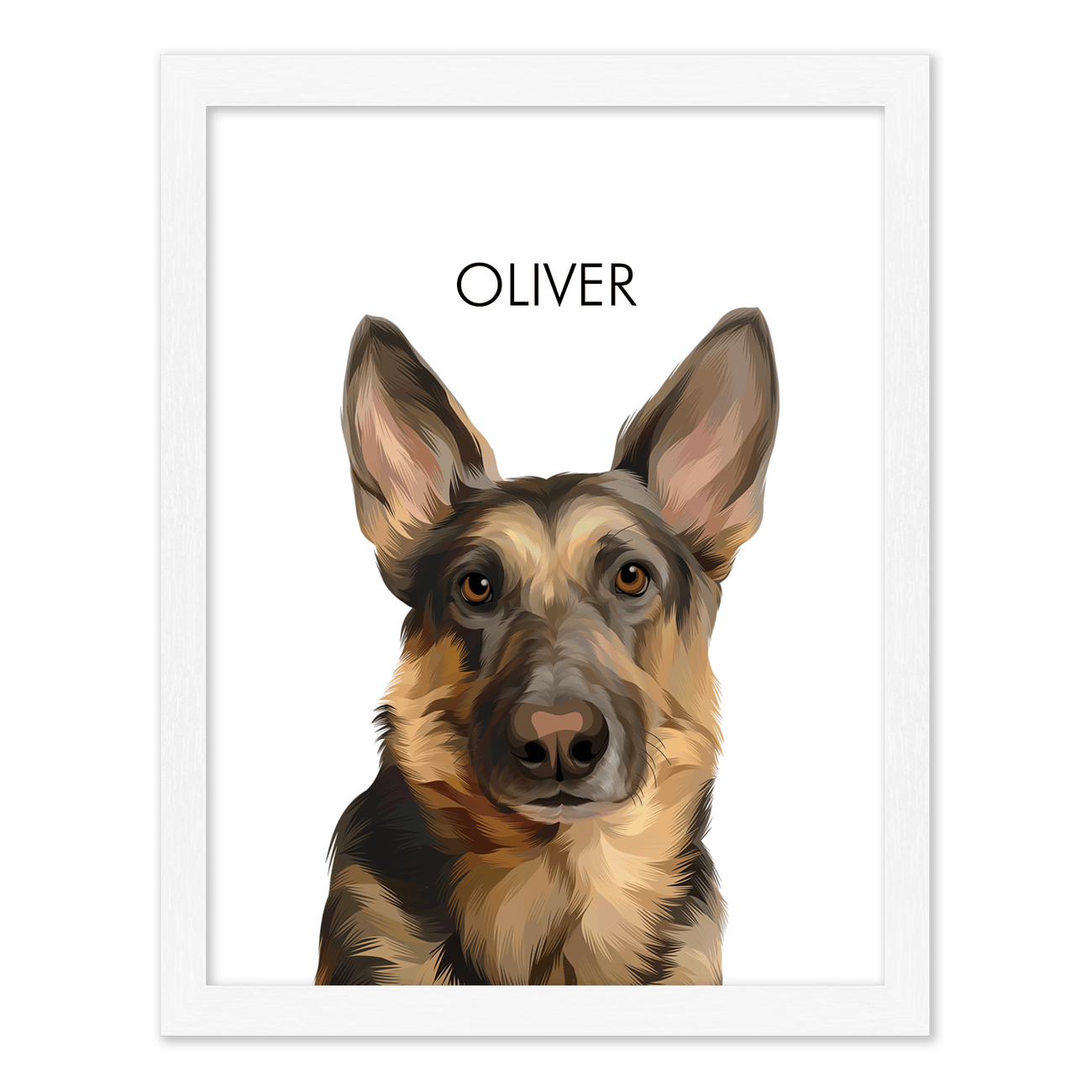 A bright vertical German Shepherd artwork displayed in a standard white frame with elegant minimalist presentation.