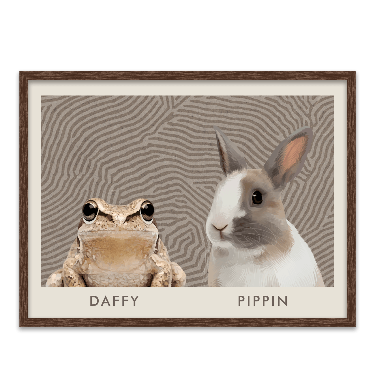 Warm wood tones frame this Organic Terrain Lines Minimalist Pet Portrait of a frog and rabbit, placed against a neutral backdrop with organic flowing line textures.