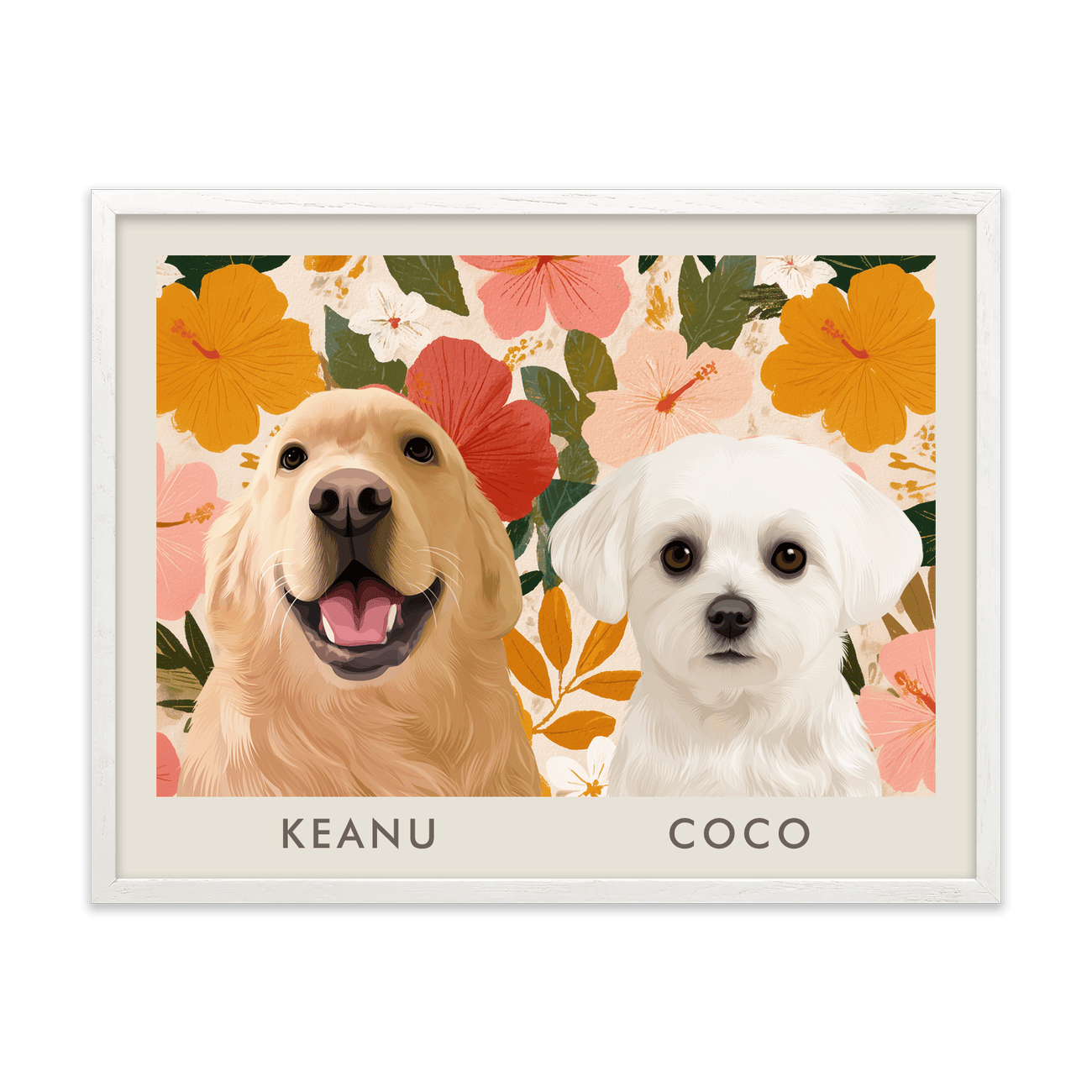 2petportrait-horizontal-goldenhawaiinhibiscussunset_White-Oak-Frame.png