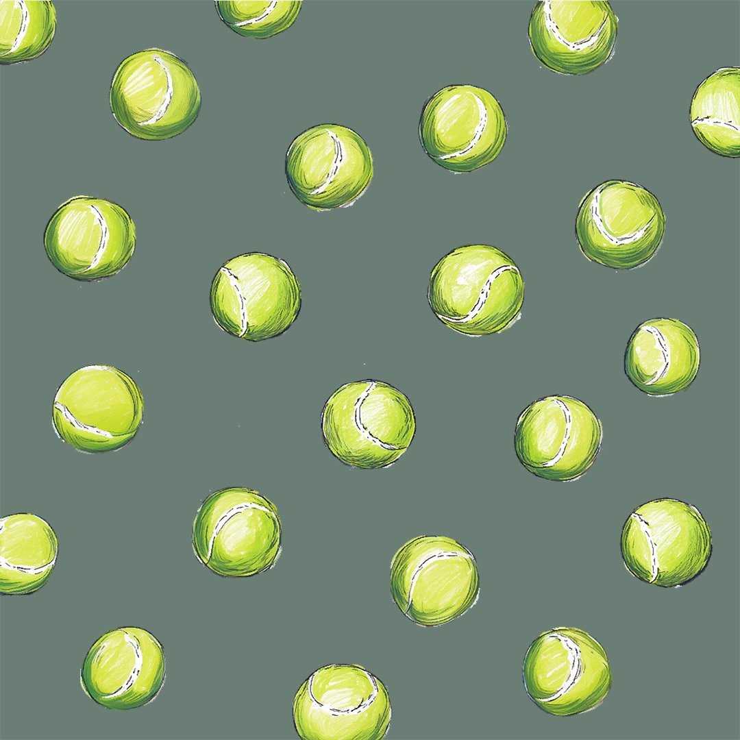 Hand-drawn tennis ball pattern on a neutral green background, playful dog-themed design perfect for pet portraits or dog lovers.