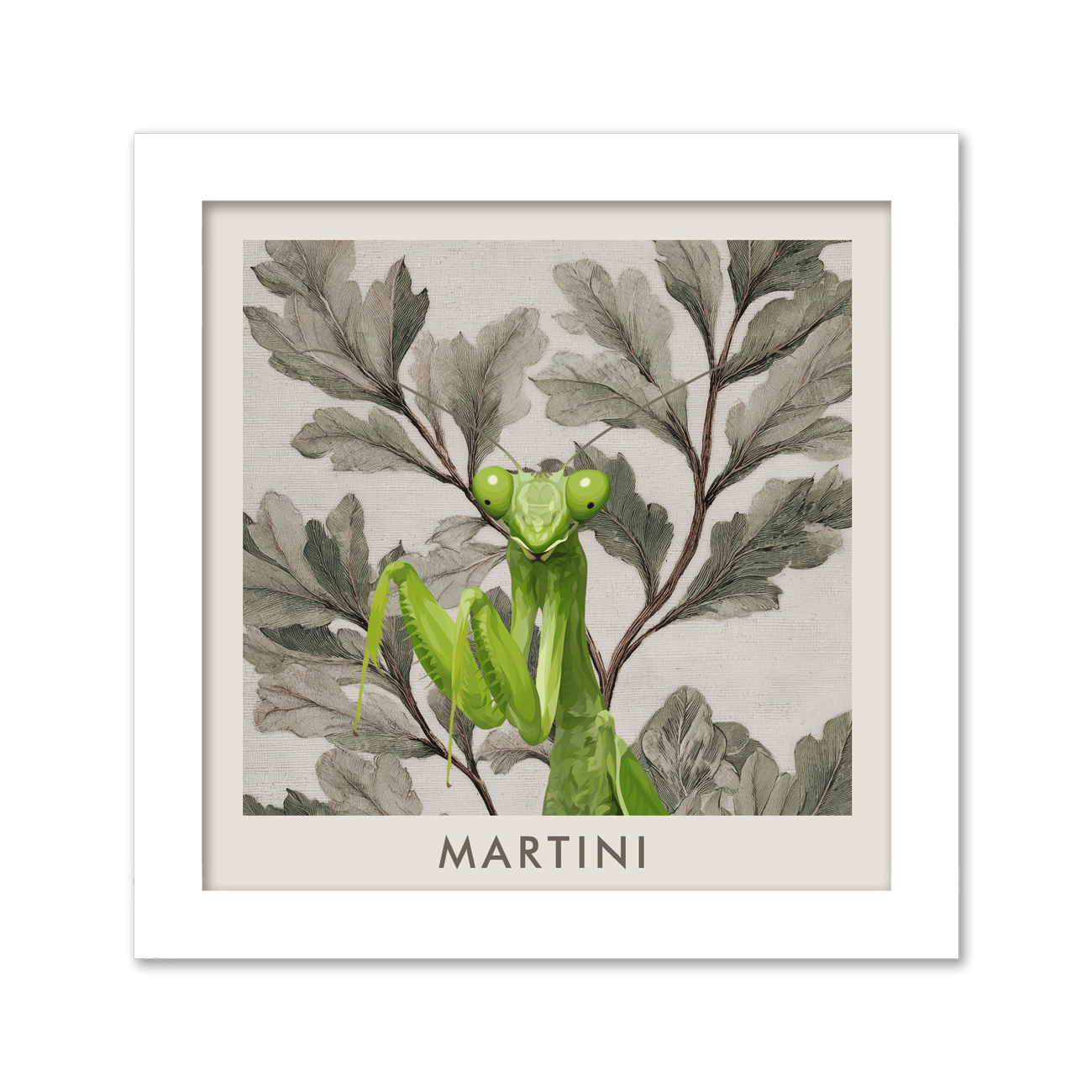 White framed vintage botanical pet portrait of a green praying mantis named Martini with elegant botanical artwork.