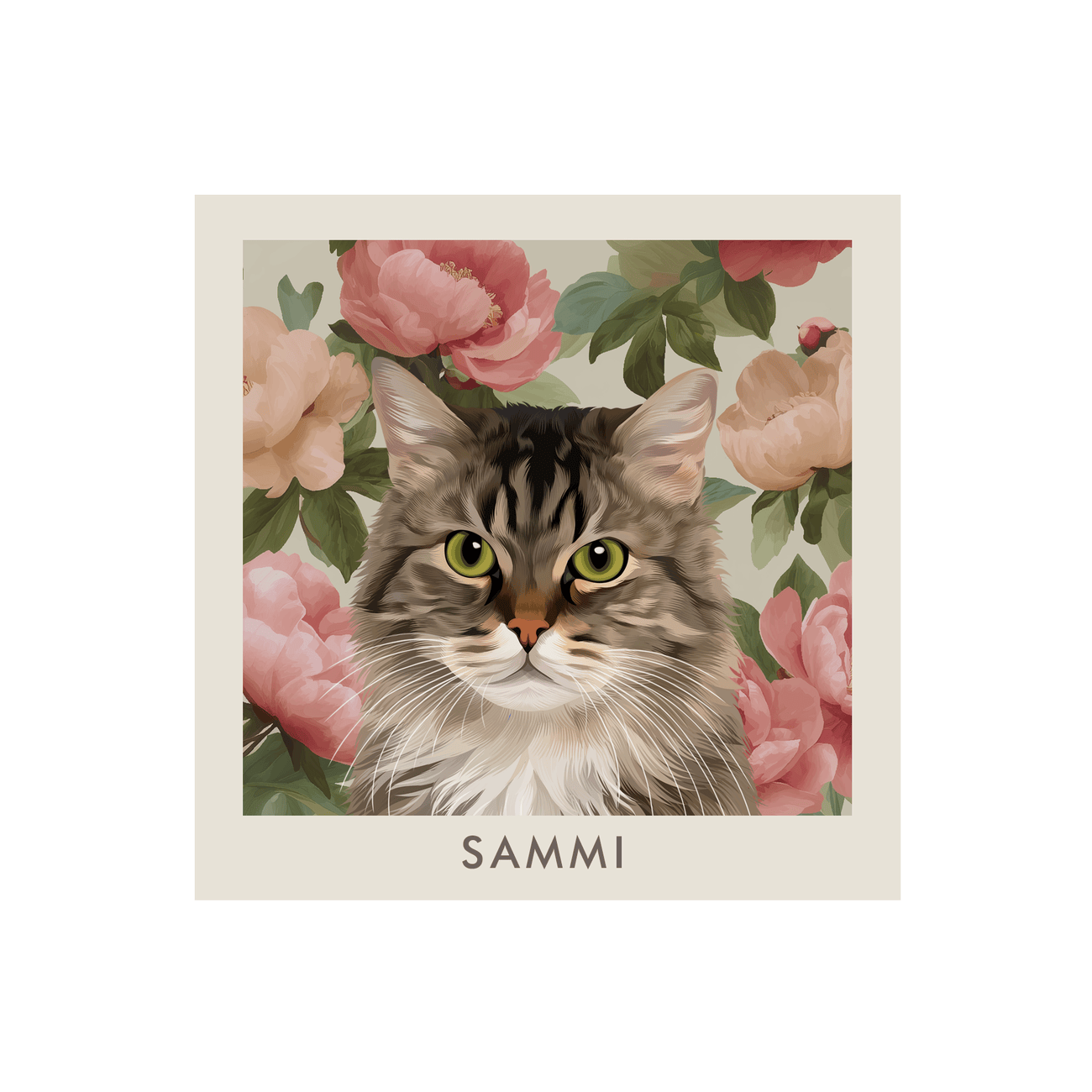 Print-only Vintage Blush Pink Peonies Pet Portrait of a long-haired tabby cat layered over blush pink, ivory, and muted rose peonies with soft greenery.