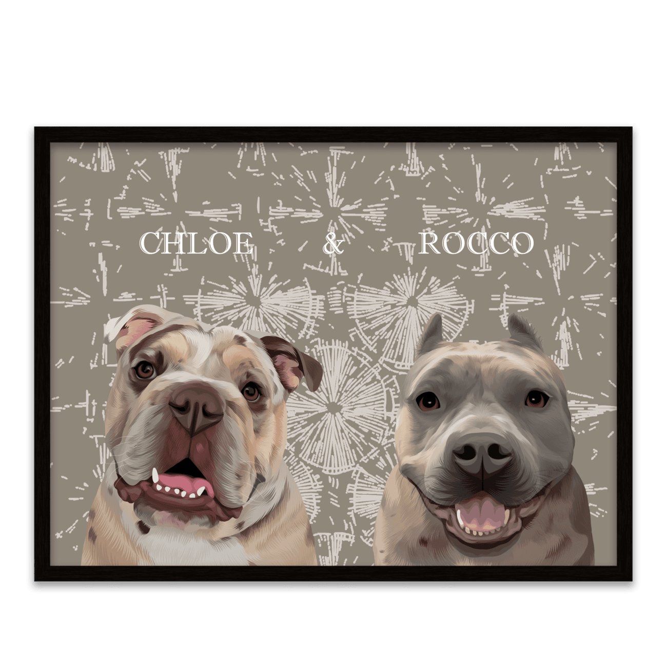 Boho themed pet portrait of a bulldog named Chloe and a pitbull named Rocco, hand-illustrated with a modern dandelion-inspired background and metal frame.